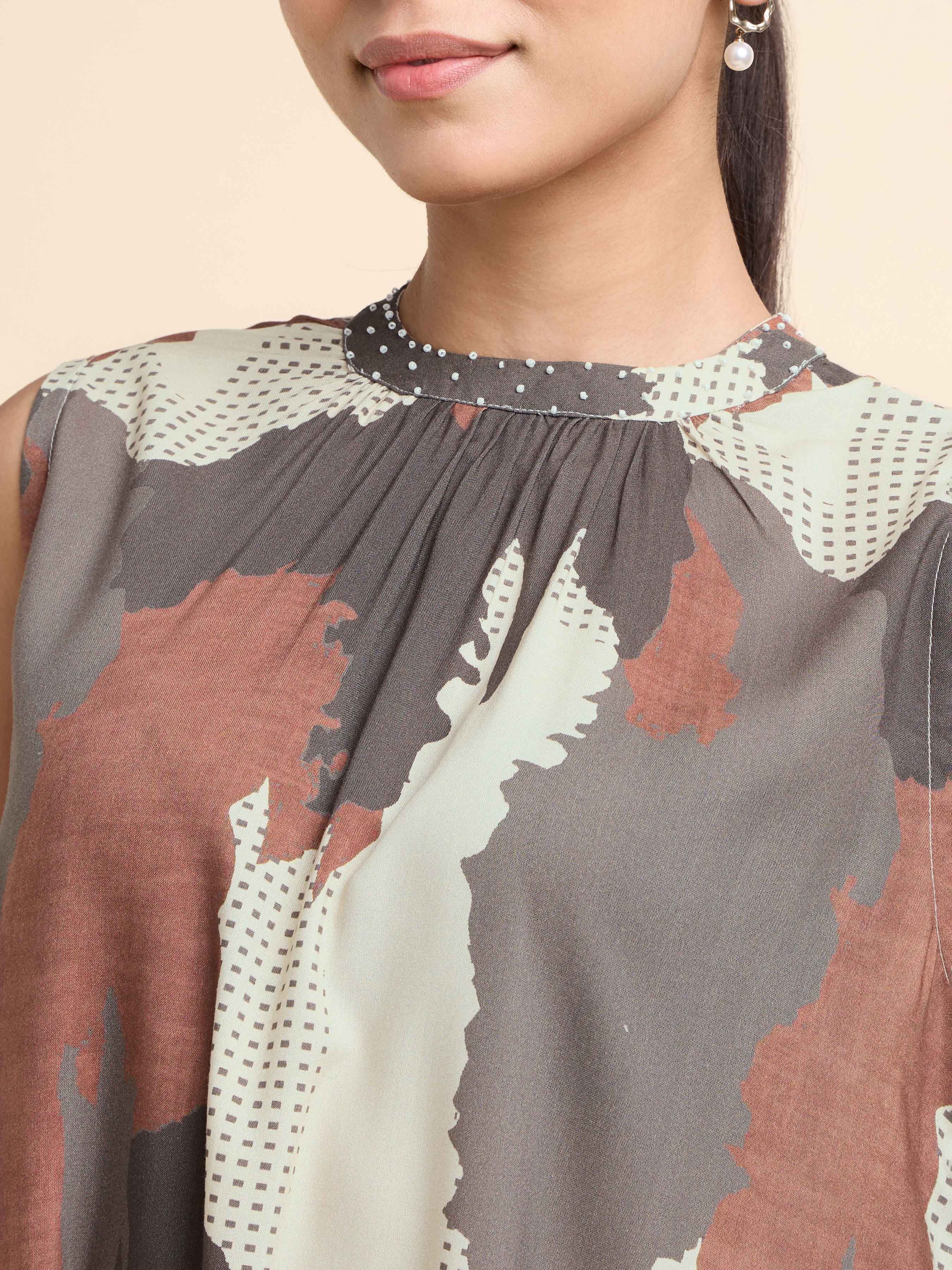Grey Multicolour Viscose Flared Printed Kurti With Handwork