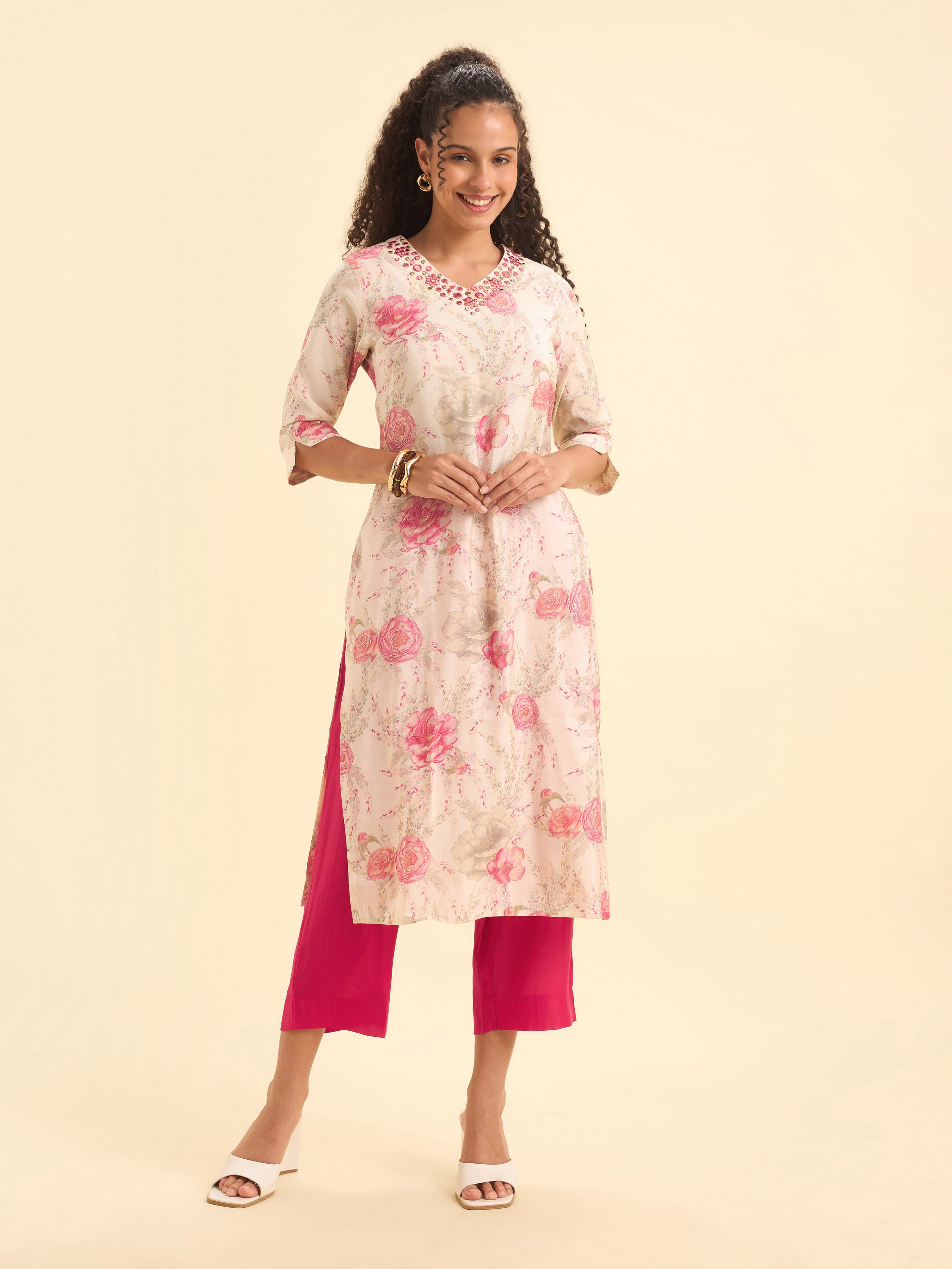 Ivory Multicolour Viscose Blend Slitted Kurti Set With Mirror Work