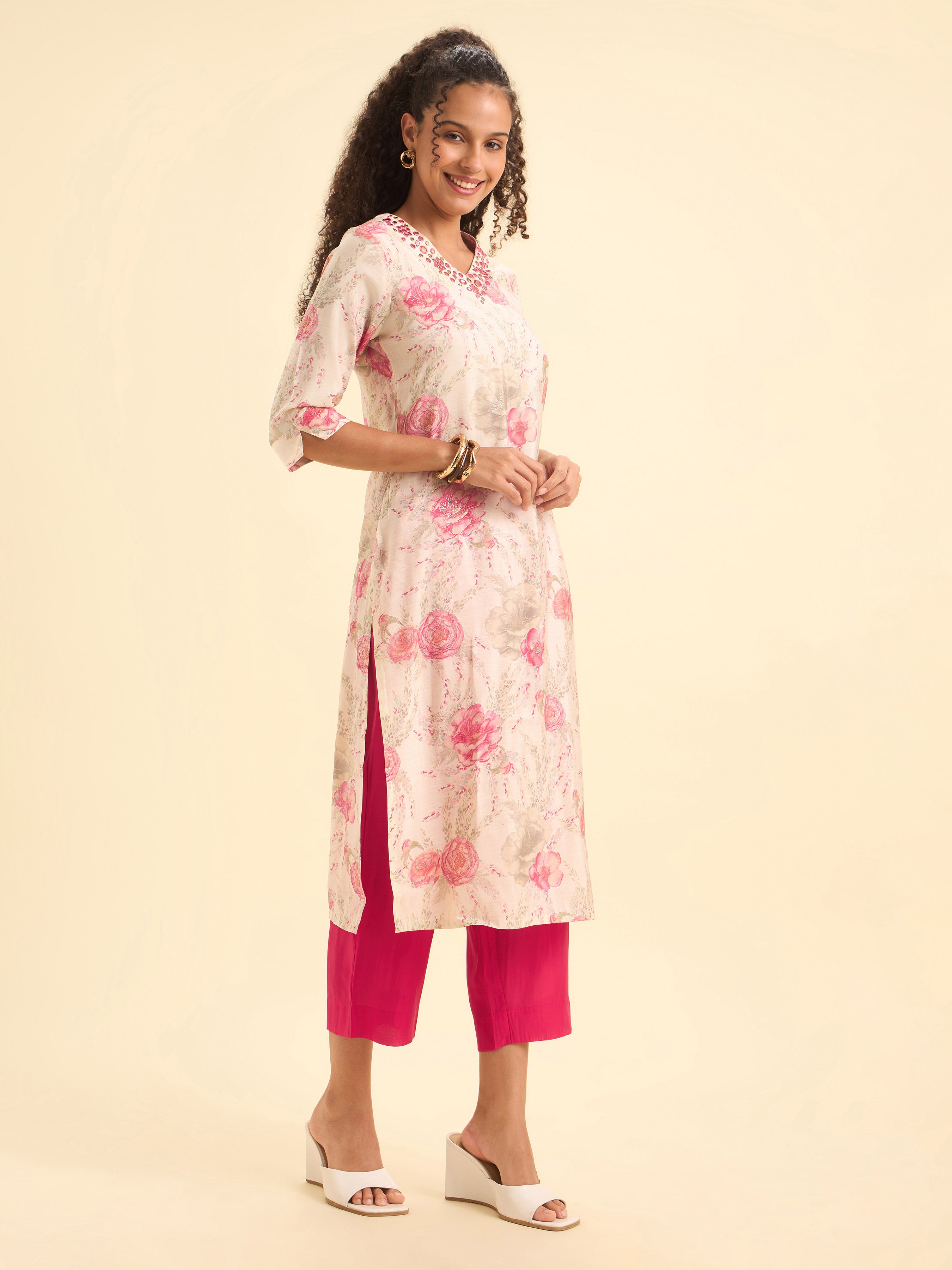 Ivory Multicolour Viscose Blend Slitted Kurti Set With Mirror Work
