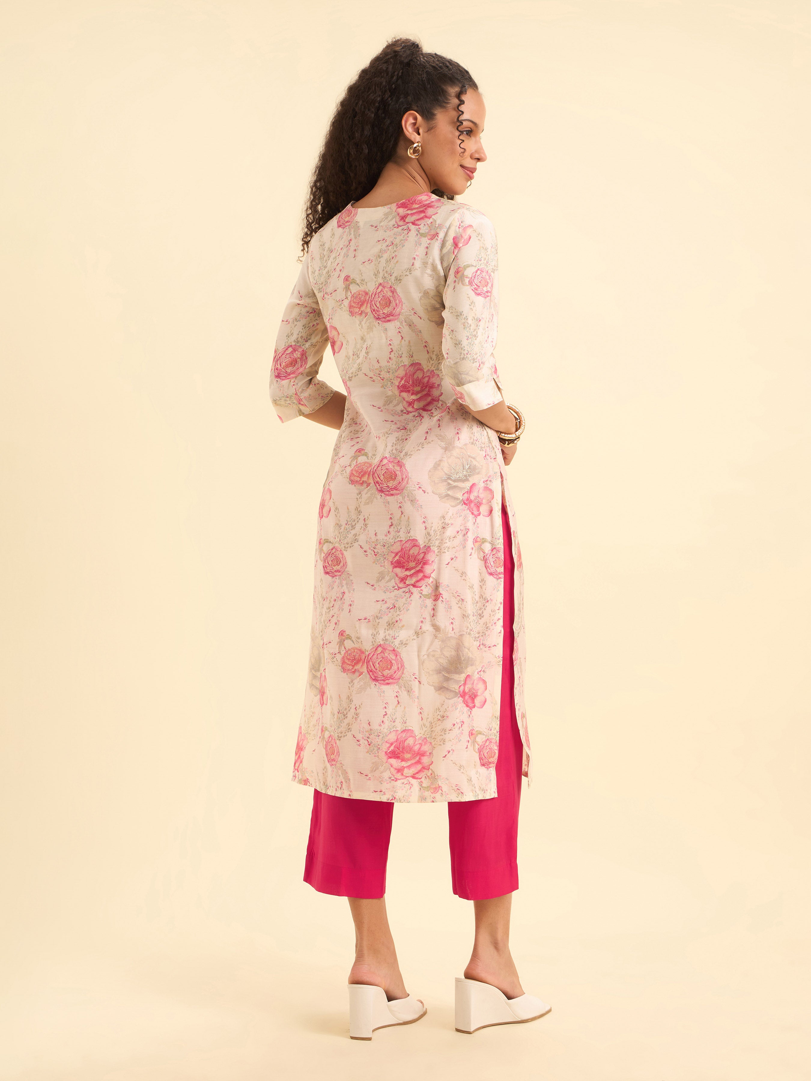 Ivory Multicolour Viscose Blend Slitted Kurti Set With Mirror Work