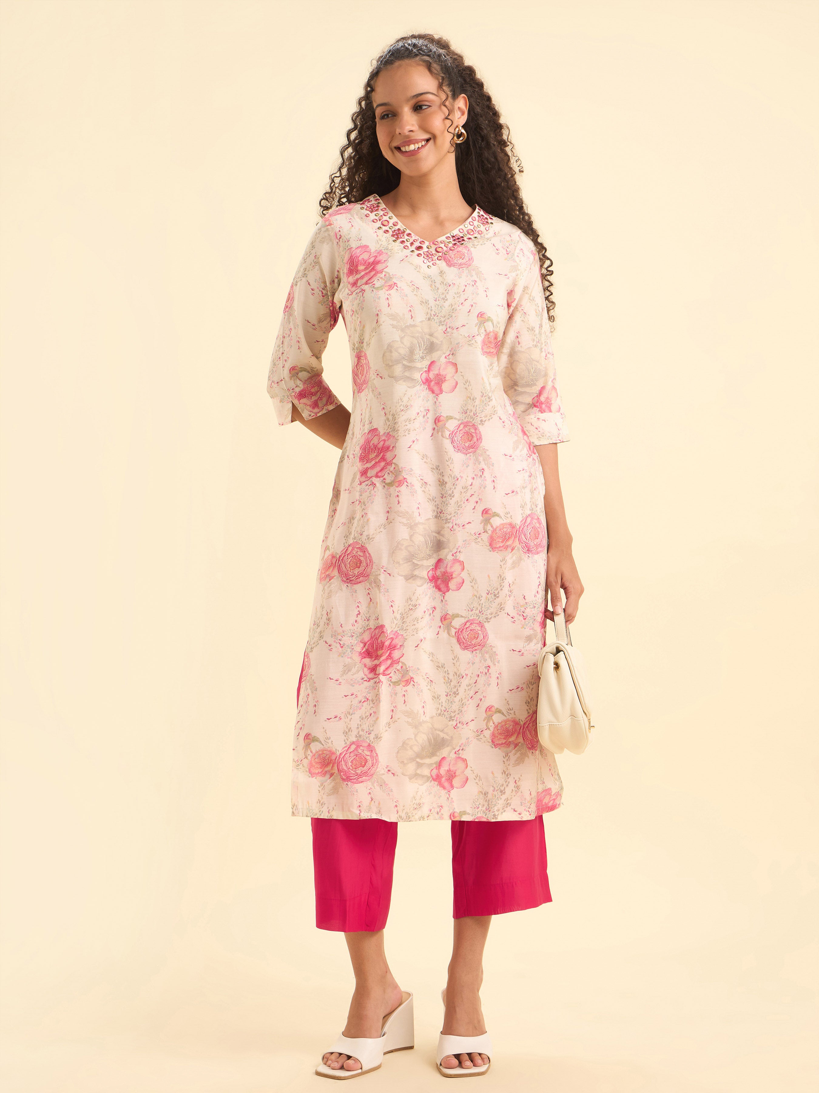 Ivory Multicolour Viscose Blend Slitted Kurti Set With Mirror Work