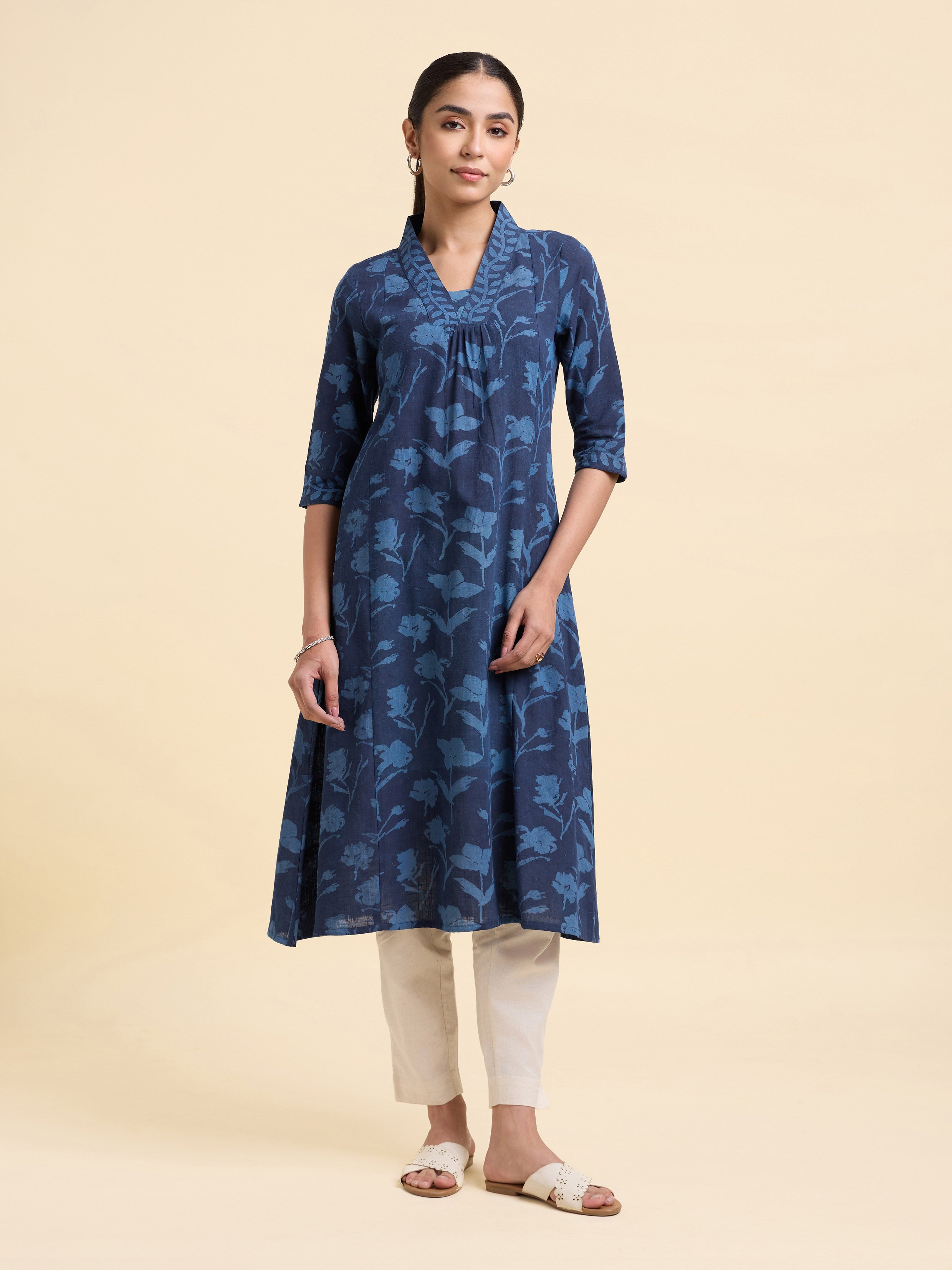 Indigo Cotton Slub Printed Flared Kurti With Centre Panel