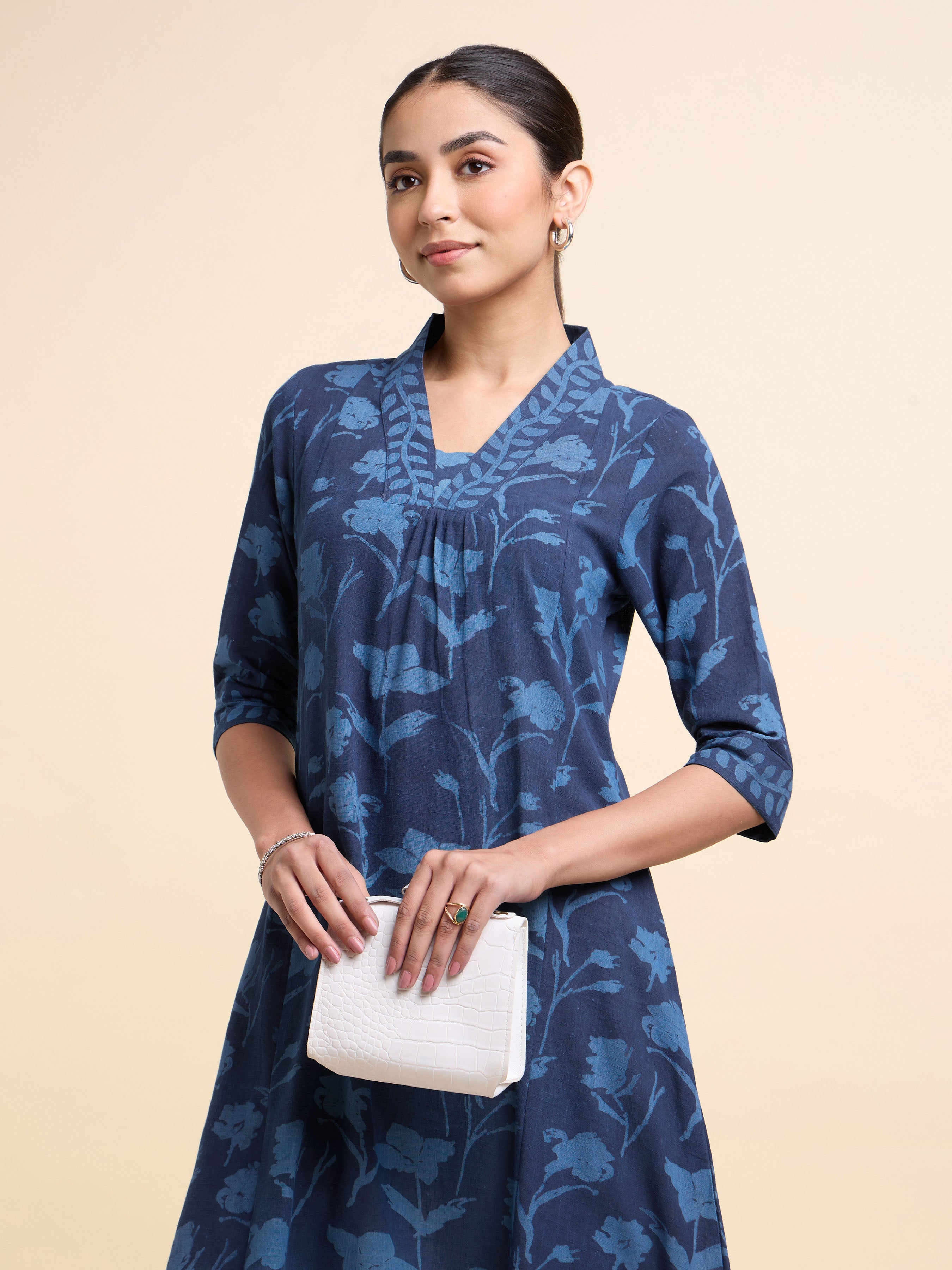 Indigo Cotton Slub Printed Flared Kurti With Centre Panel