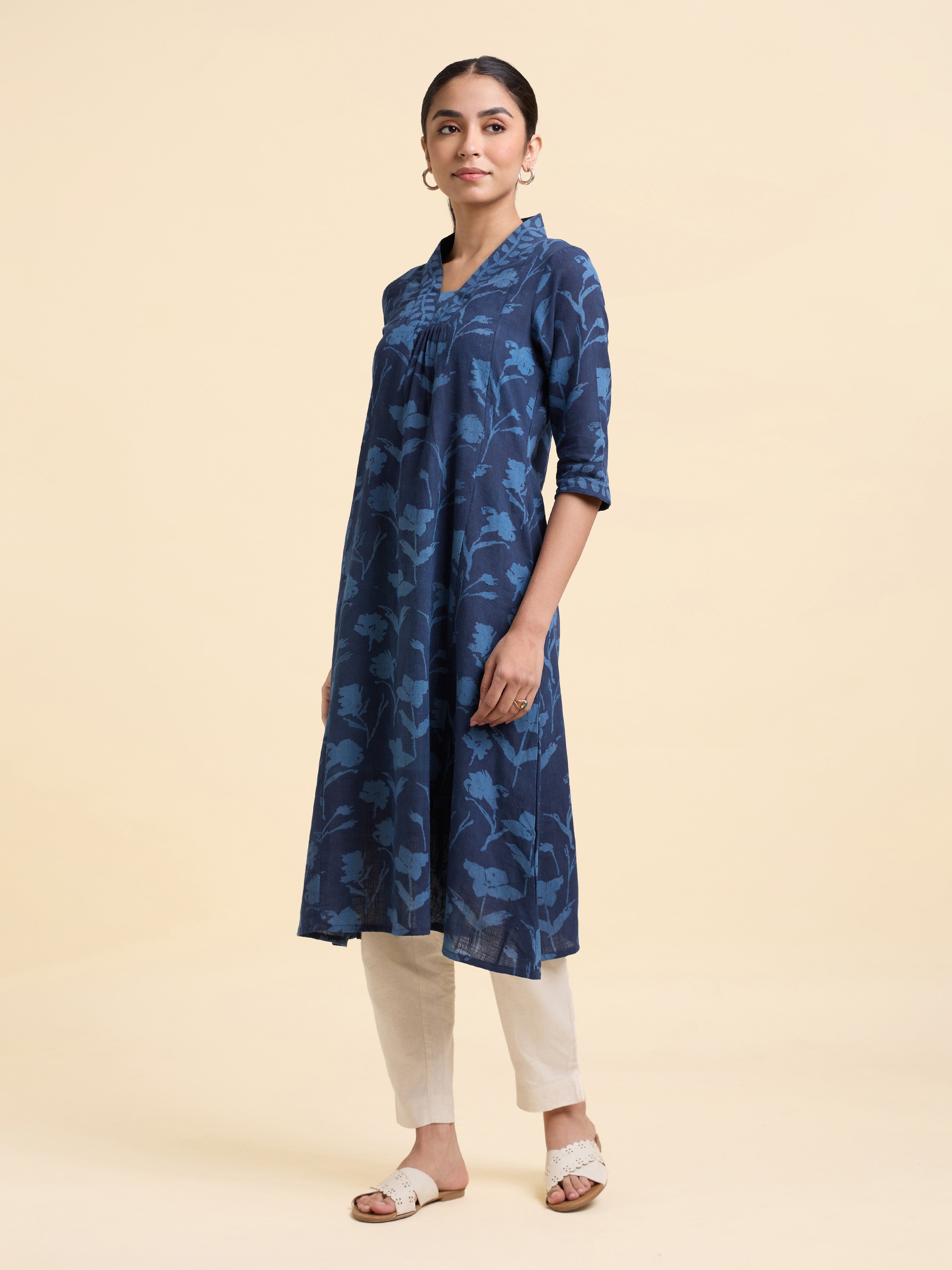 Indigo Cotton Slub Printed Flared Kurti With Centre Panel