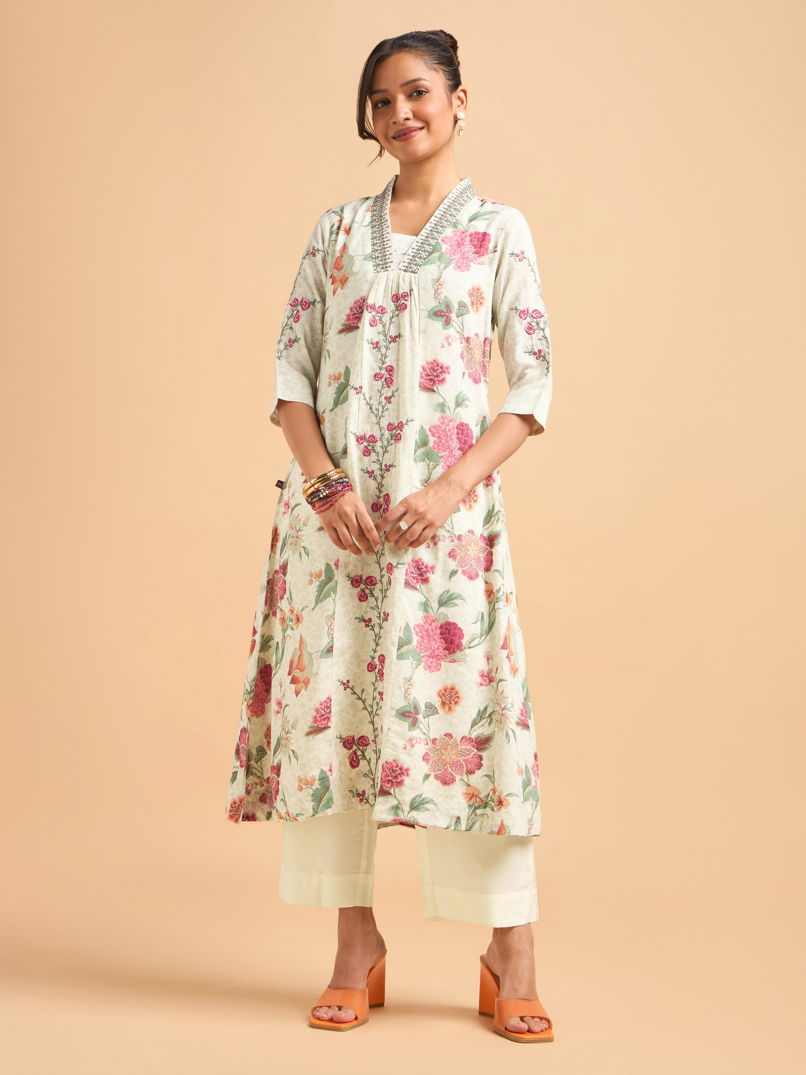 Ivory Multi Colour Poly Viscose Shimmer Print Kurti Set With Embroidery And Sequins Work