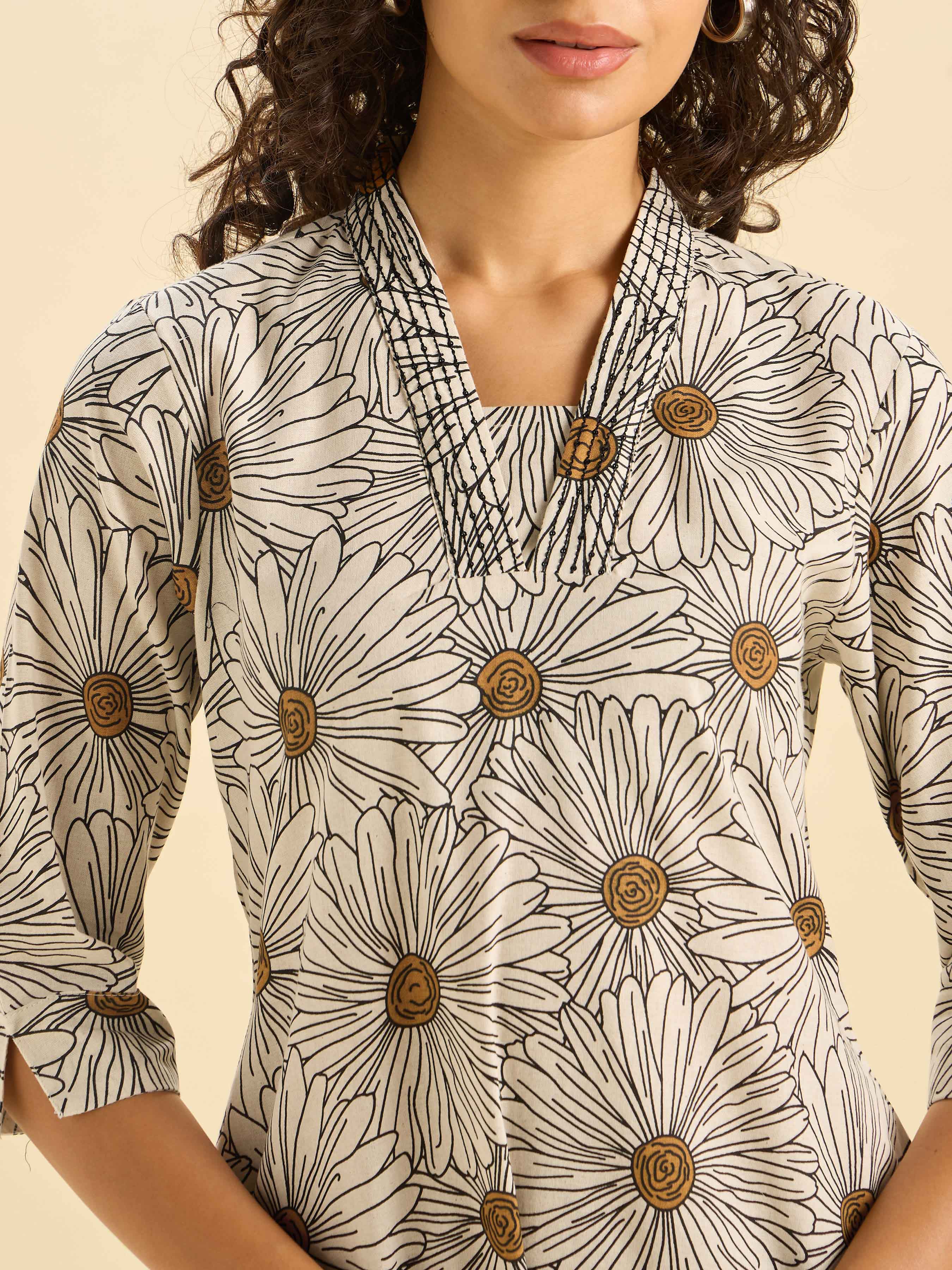 Ivory Black Cotton Flax Printed Slited Kurti With Sequins Work