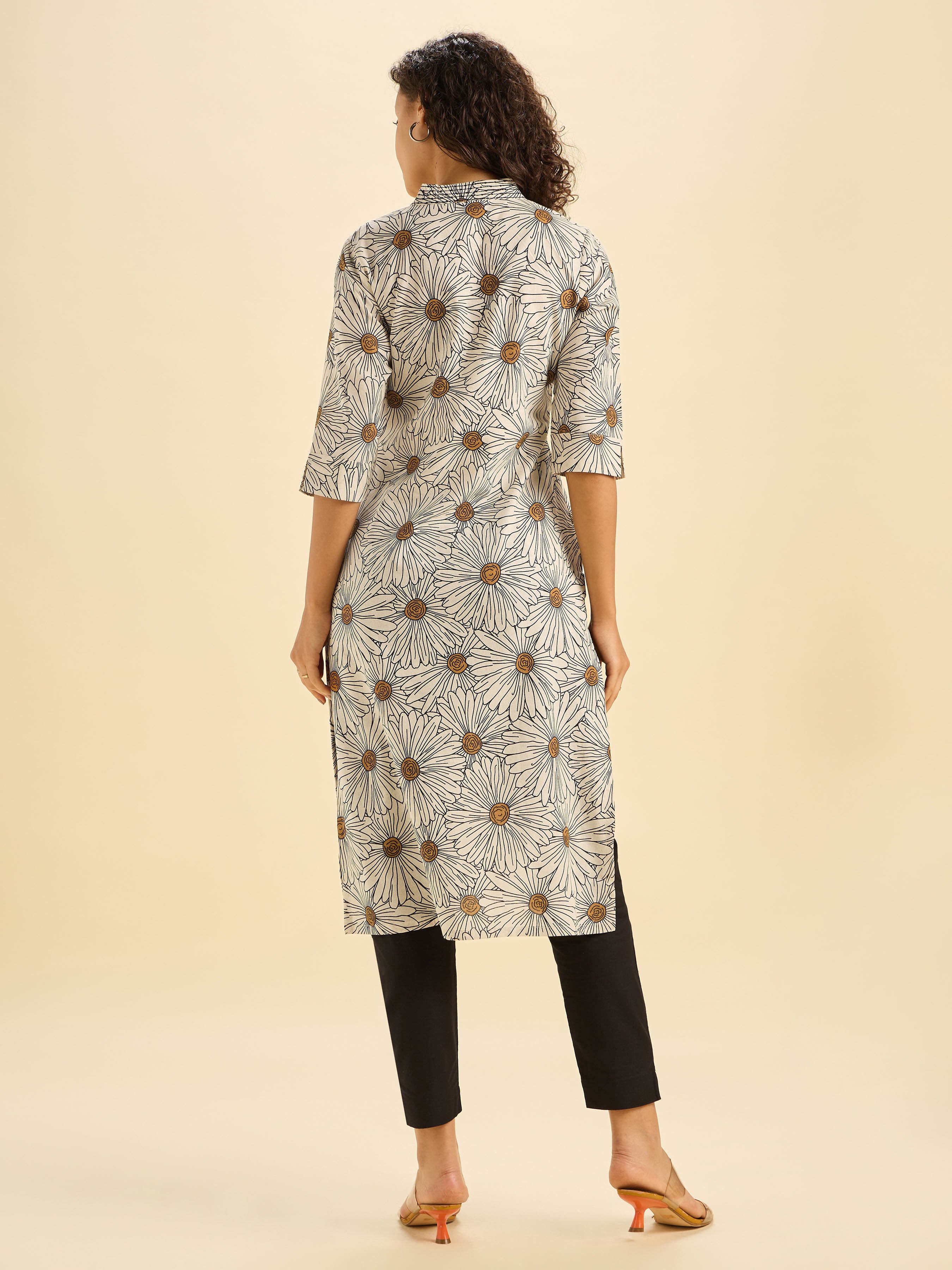 Ivory Black Cotton Flax Printed Slited Kurti With Sequins Work