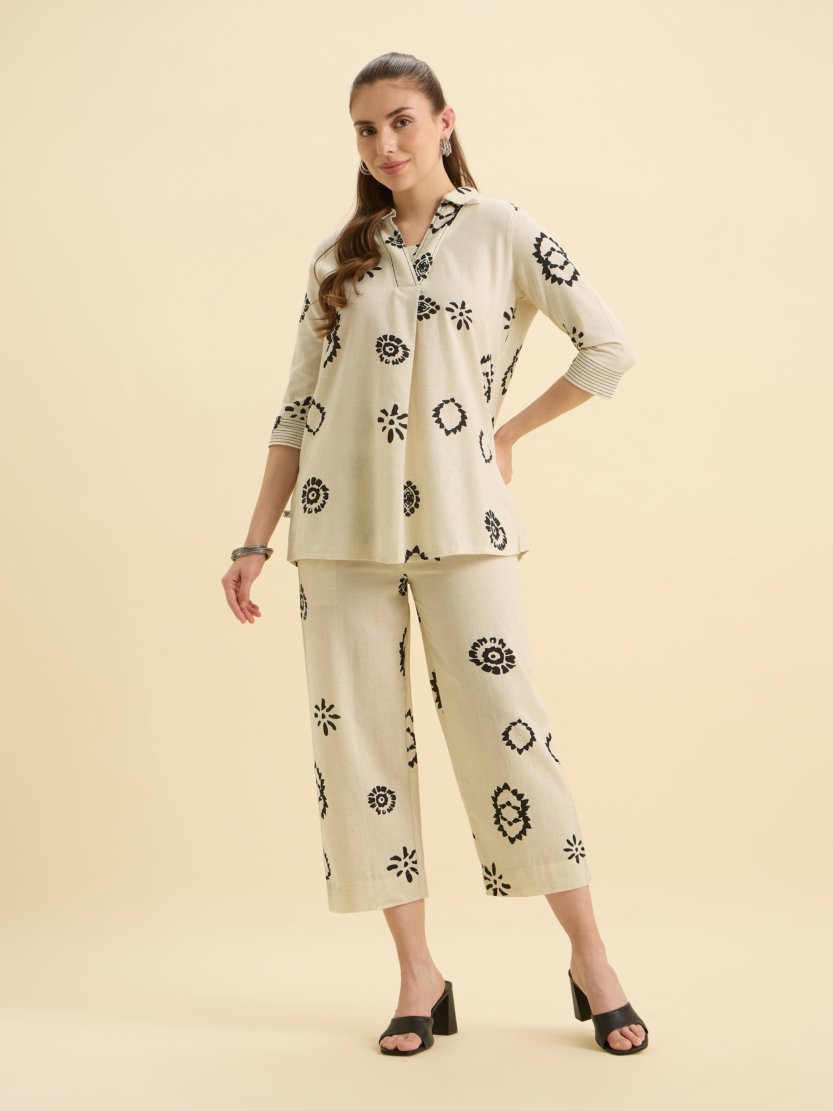 Ivory Black Cotton Flax Printed Tunic Set With Knife Pleat And Embroidery