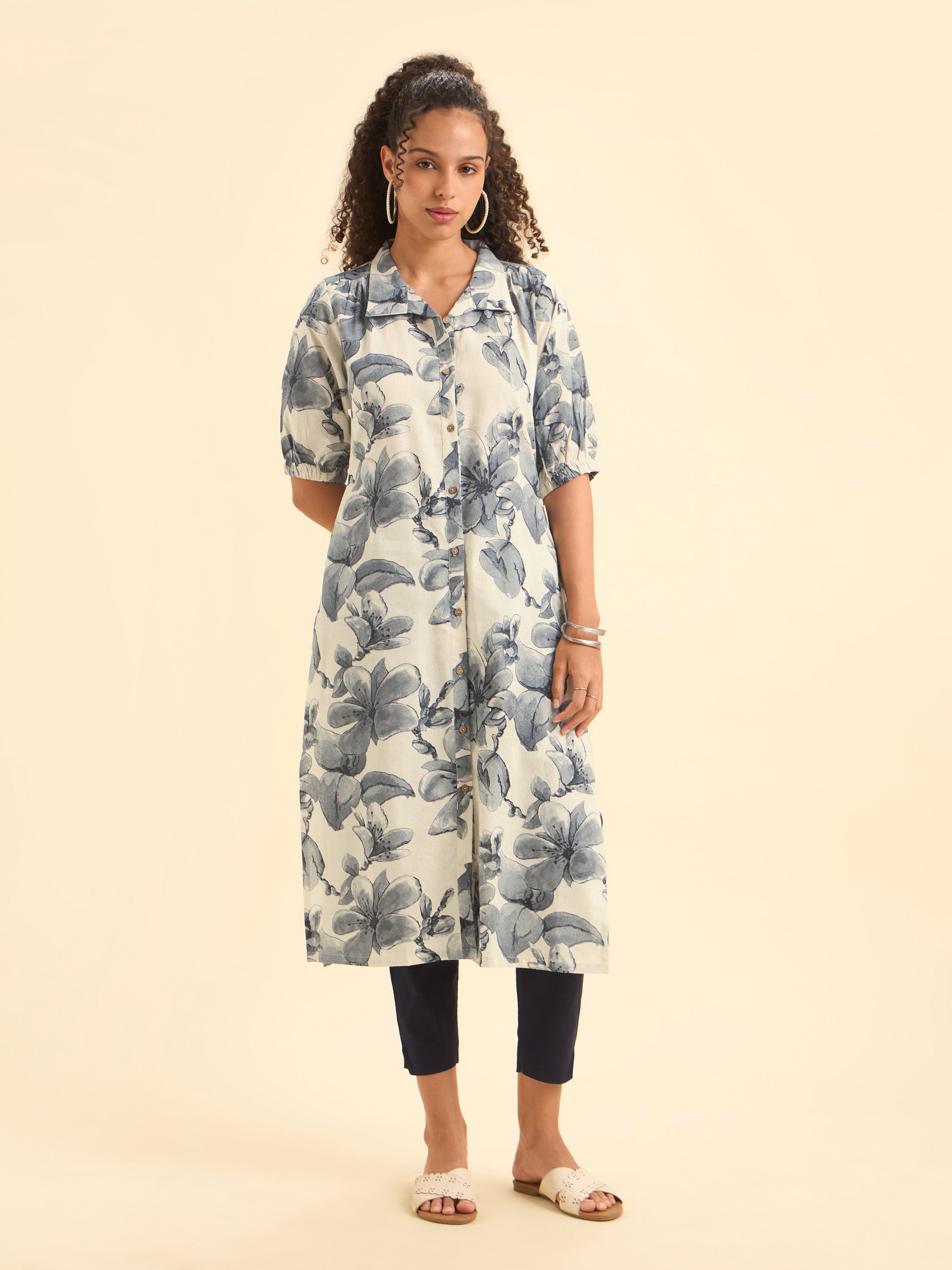 Ivory Blue Cotton Flax Printed Slited Kurti With Full Placket