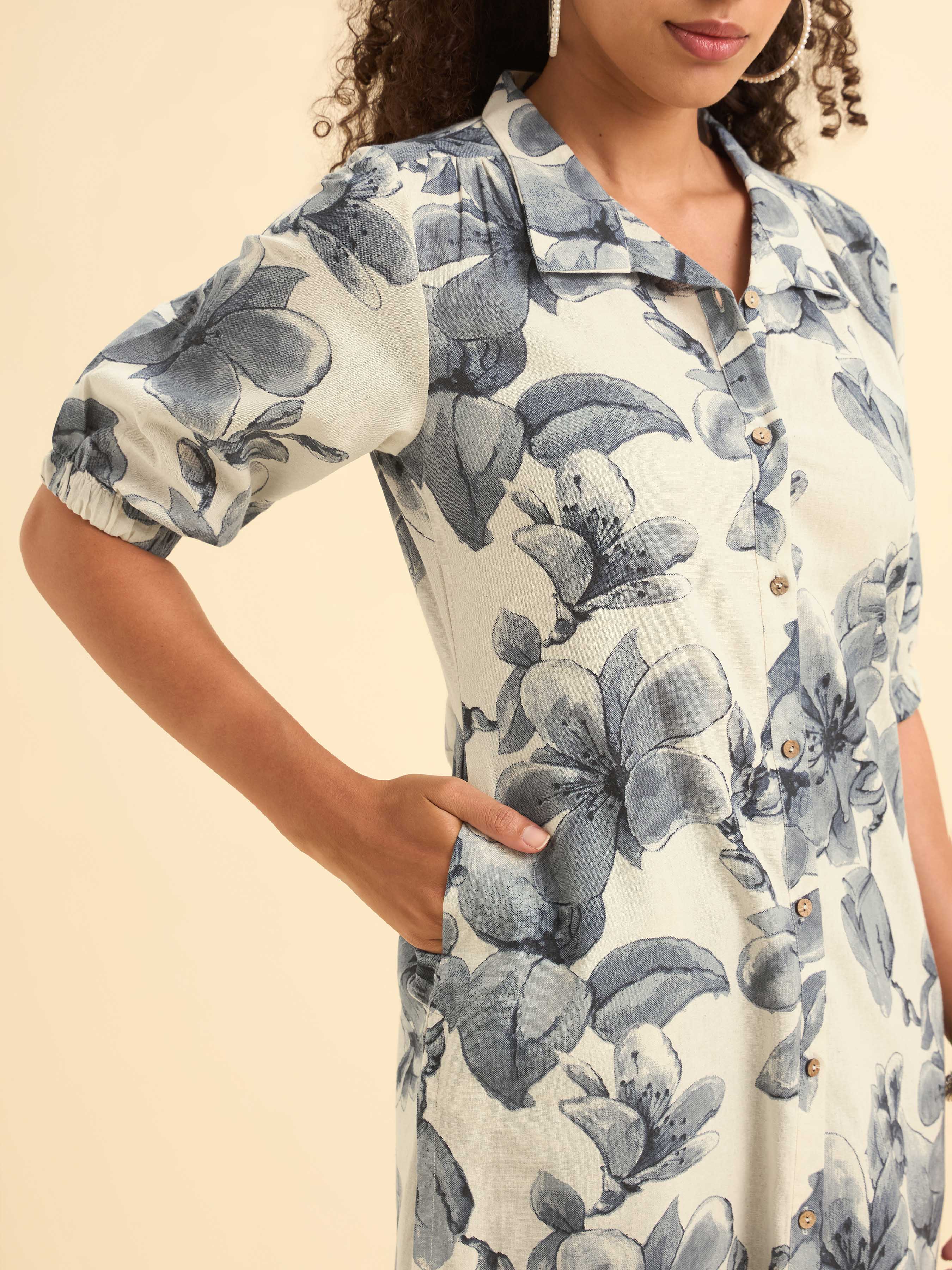 Ivory Blue Cotton Flax Printed Slited Kurti With Full Placket