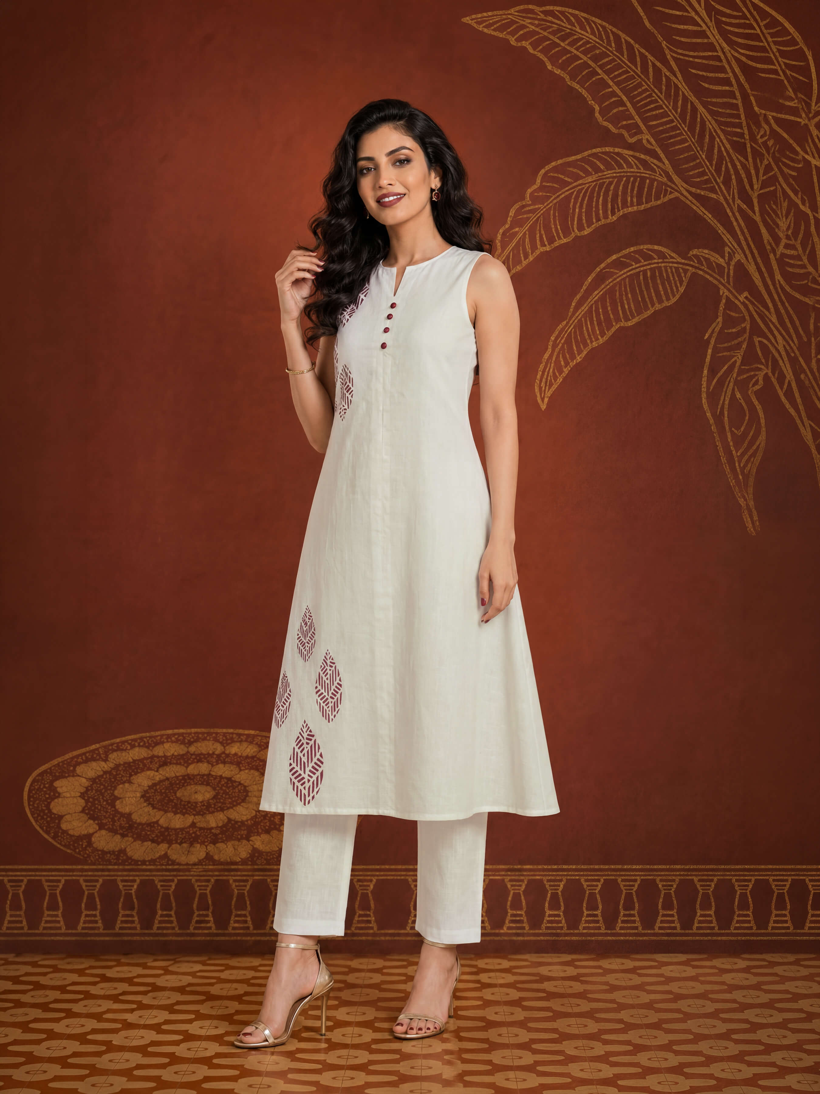 Ivory Colour Cotton Flax Slub Plain Printed Flared Kurti