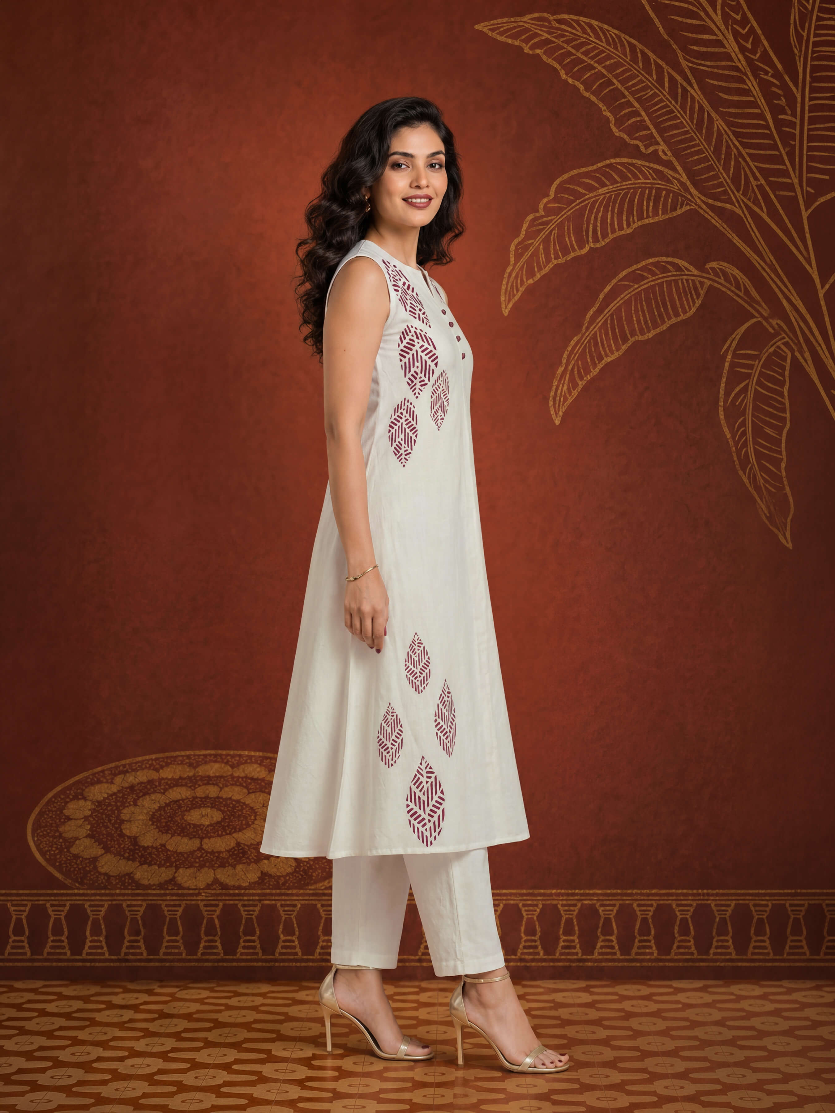 Ivory Colour Cotton Flax Slub Plain Printed Flared Kurti
