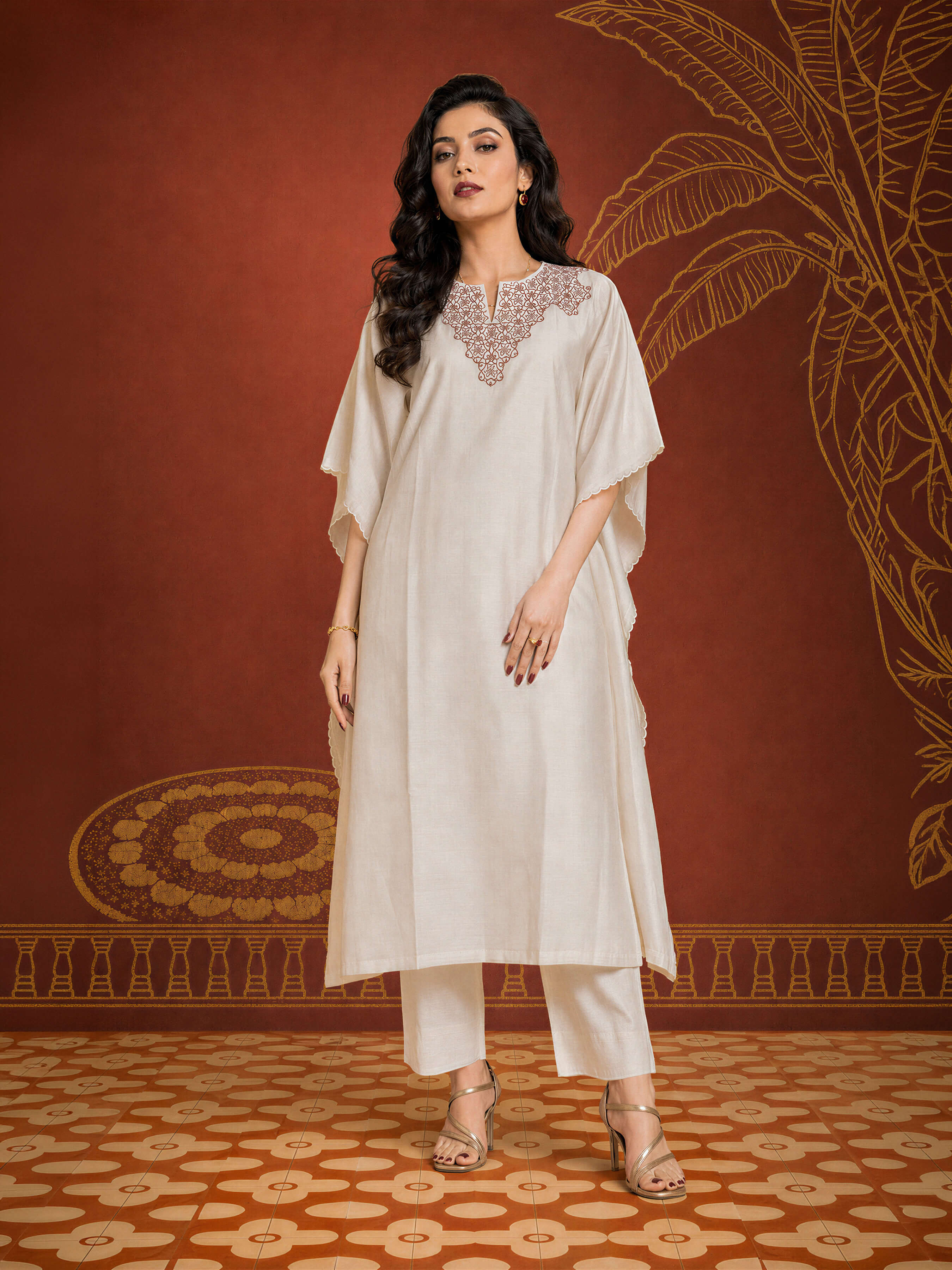 Ivory Colour Mull Chanderi Plain Kaftan With Embroidery And Sequins Work