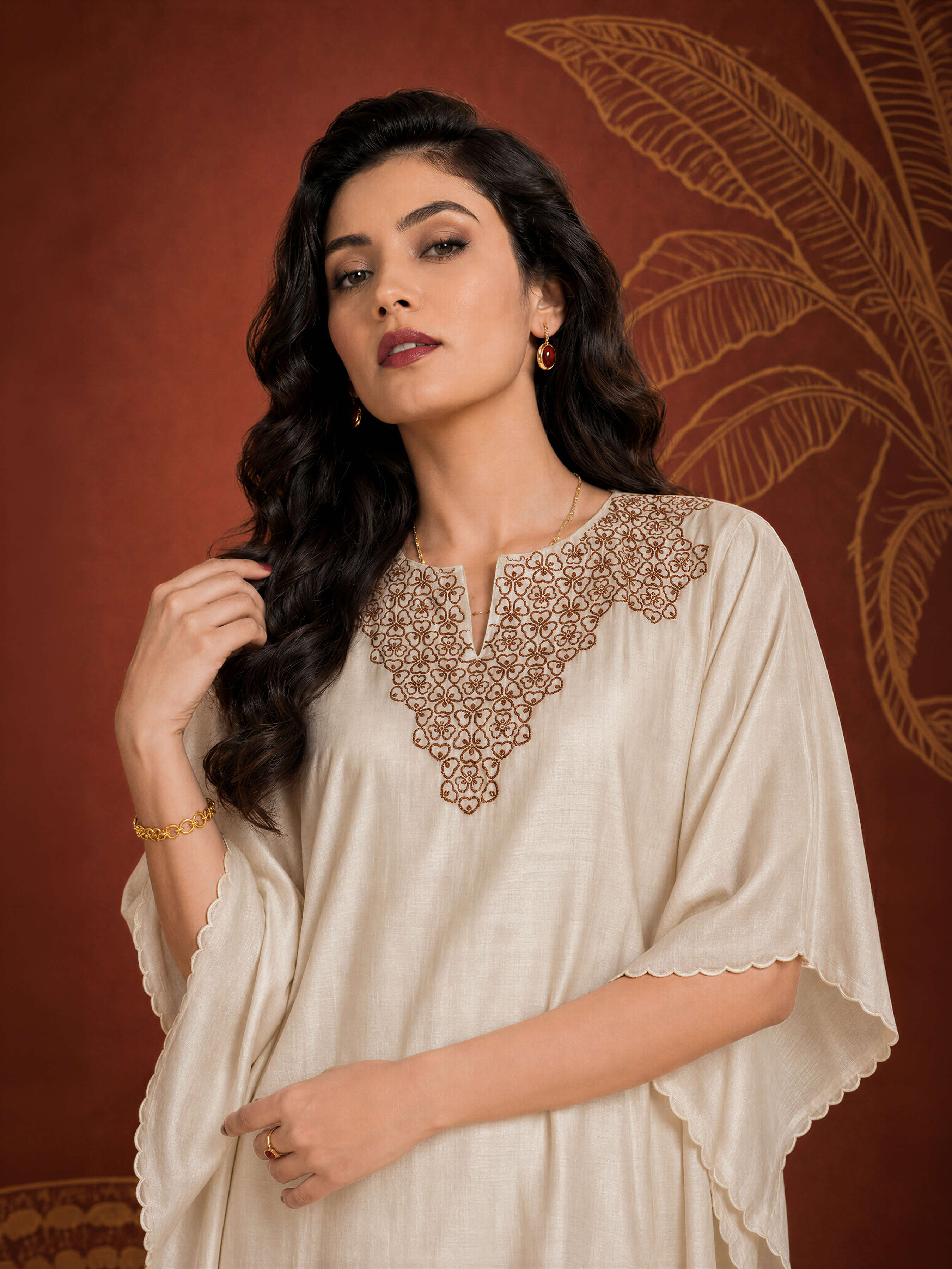 Ivory Colour Mull Chanderi Plain Kaftan With Embroidery And Sequins Work
