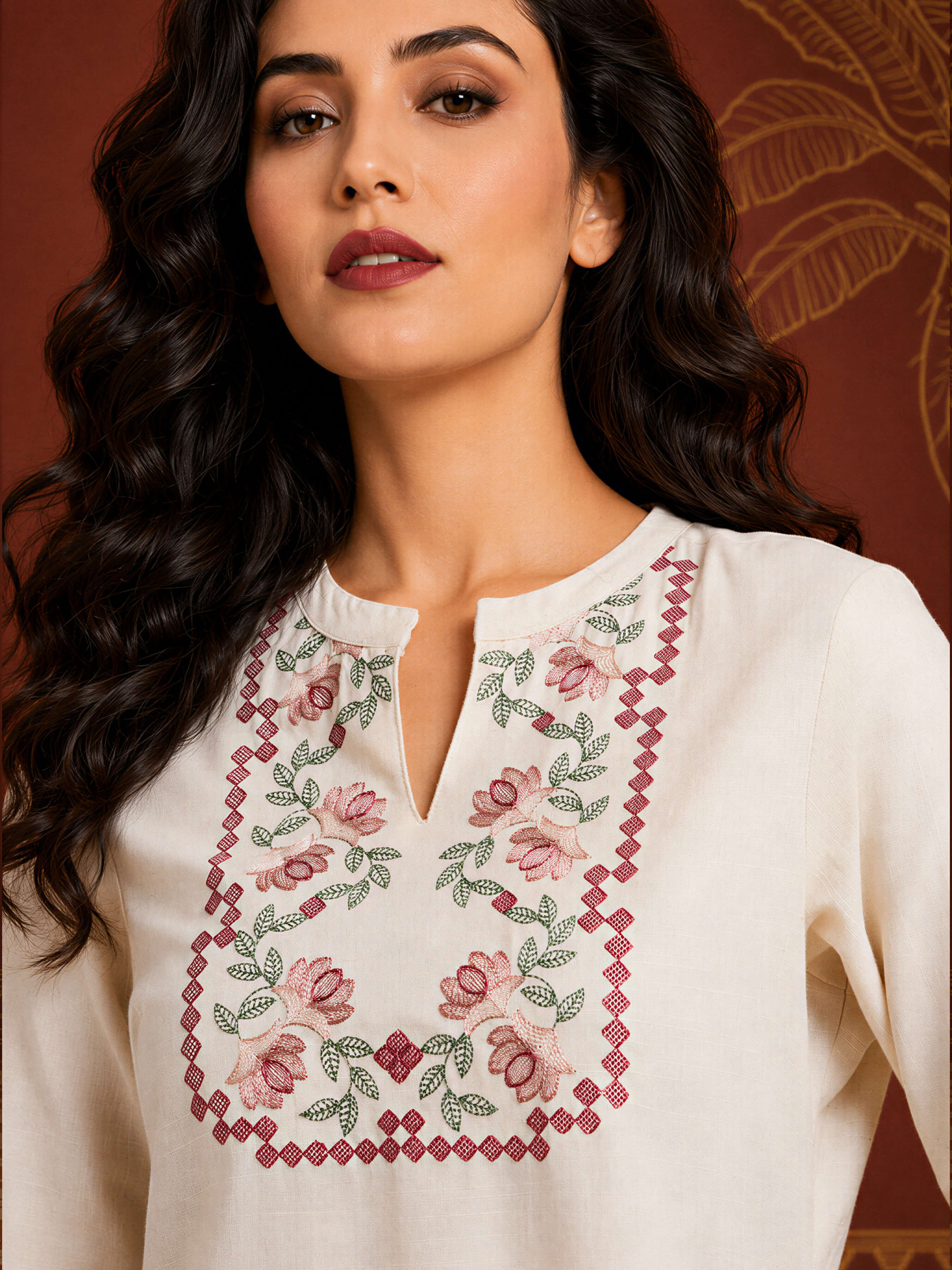 Ivory Cotton Flax Plain Slitted Kurti With Embroidery