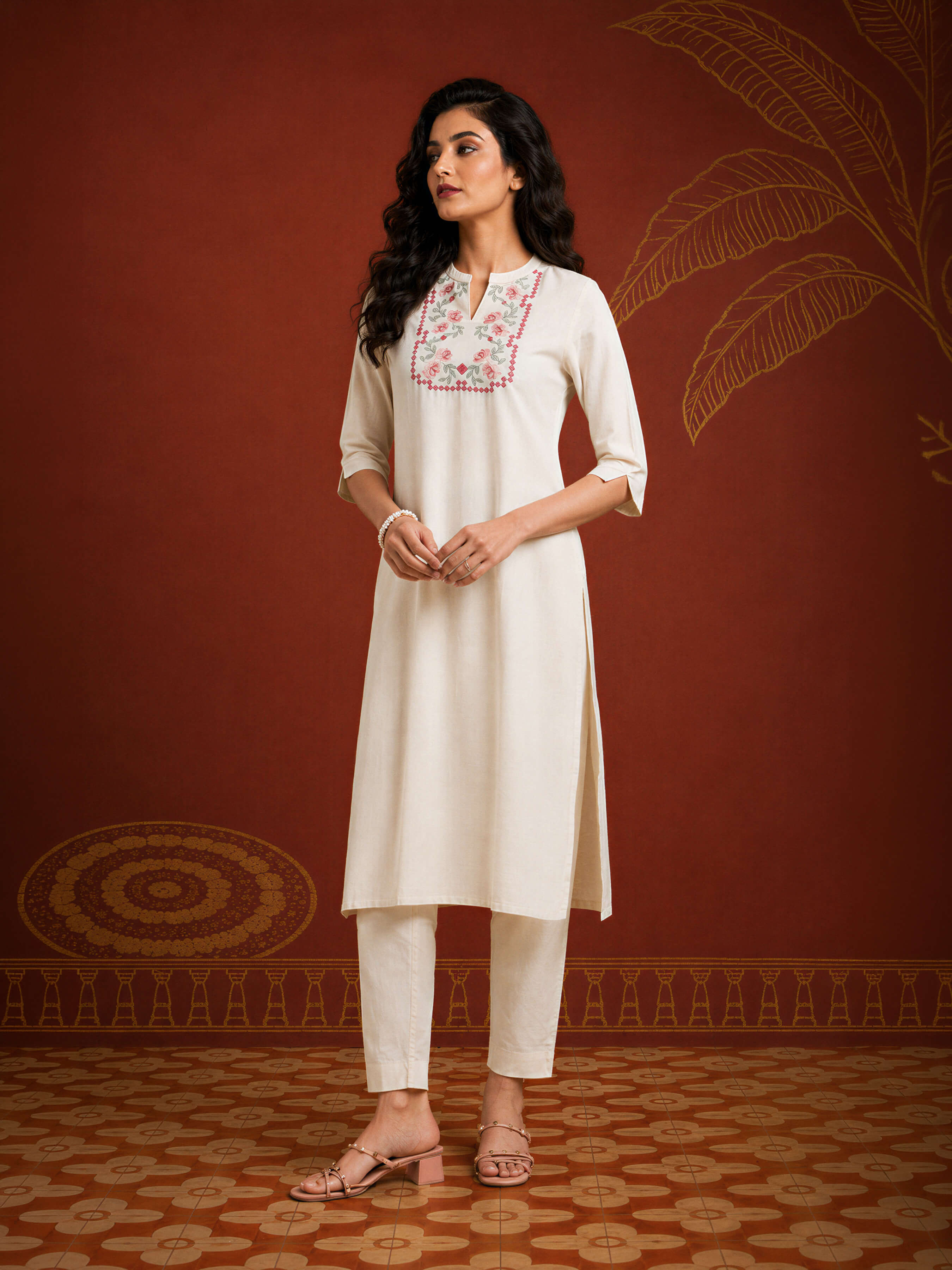 Ivory Cotton Flax Plain Slitted Kurti With Embroidery