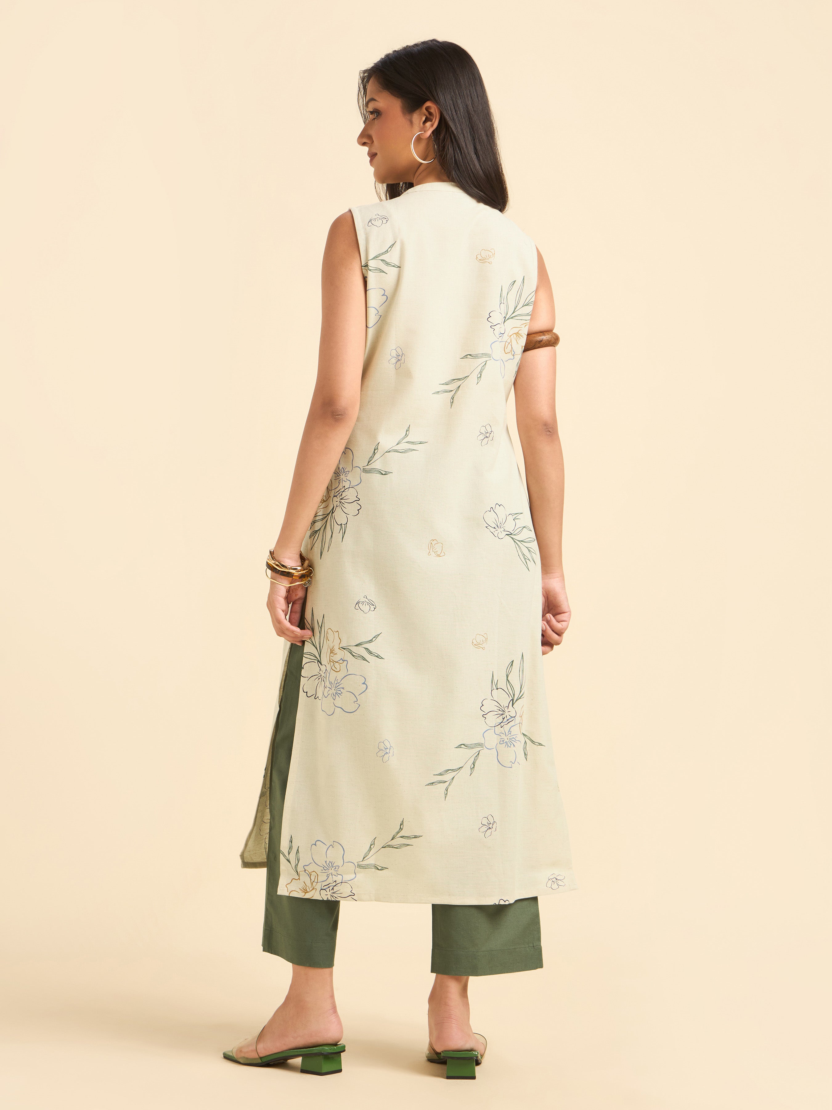 Ivory Cotton Flax Printed Slitted Kurti With Bottom