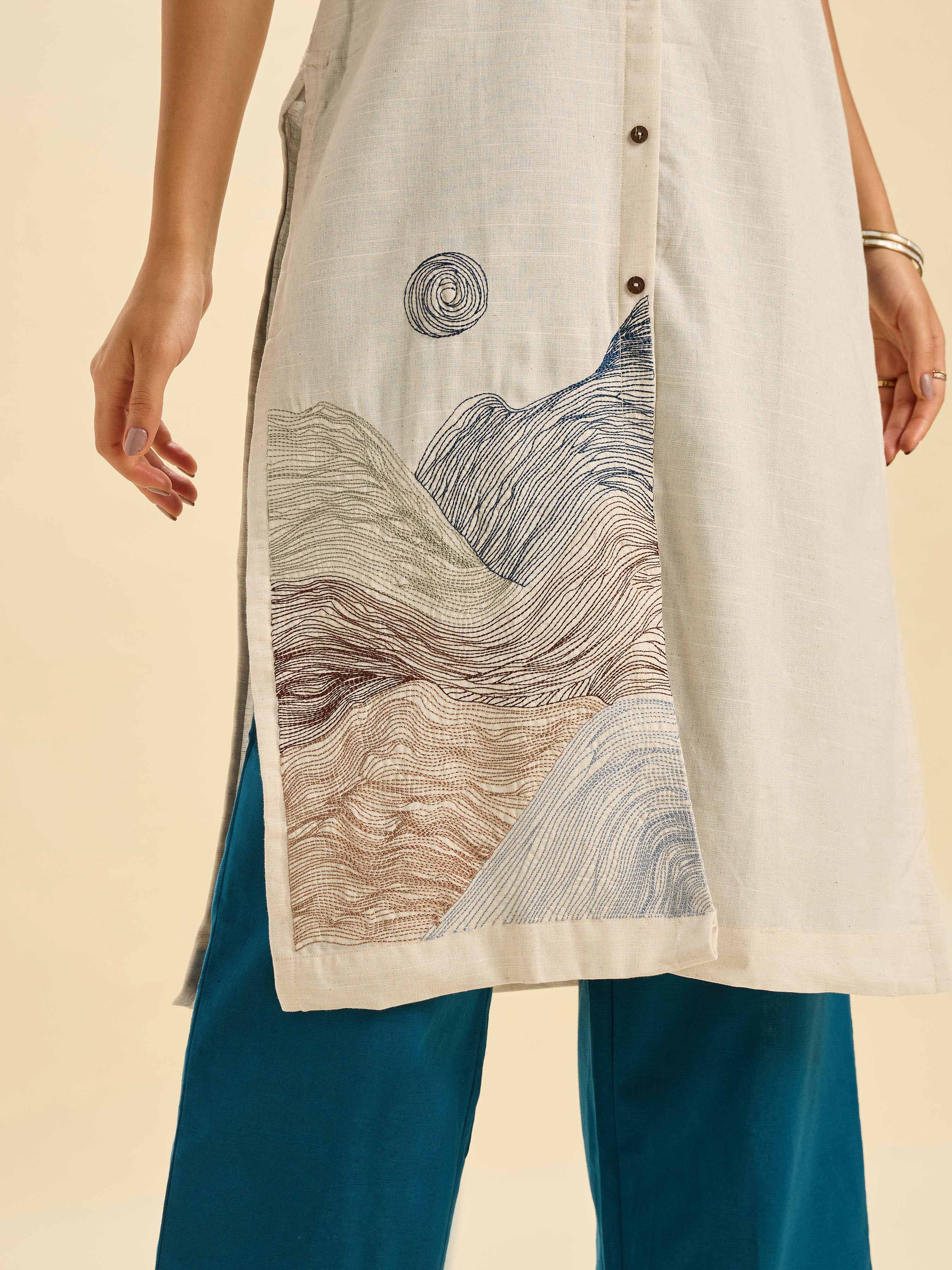 Ivory Cotton Flax Slub Co-Ord Set With Embroidery
