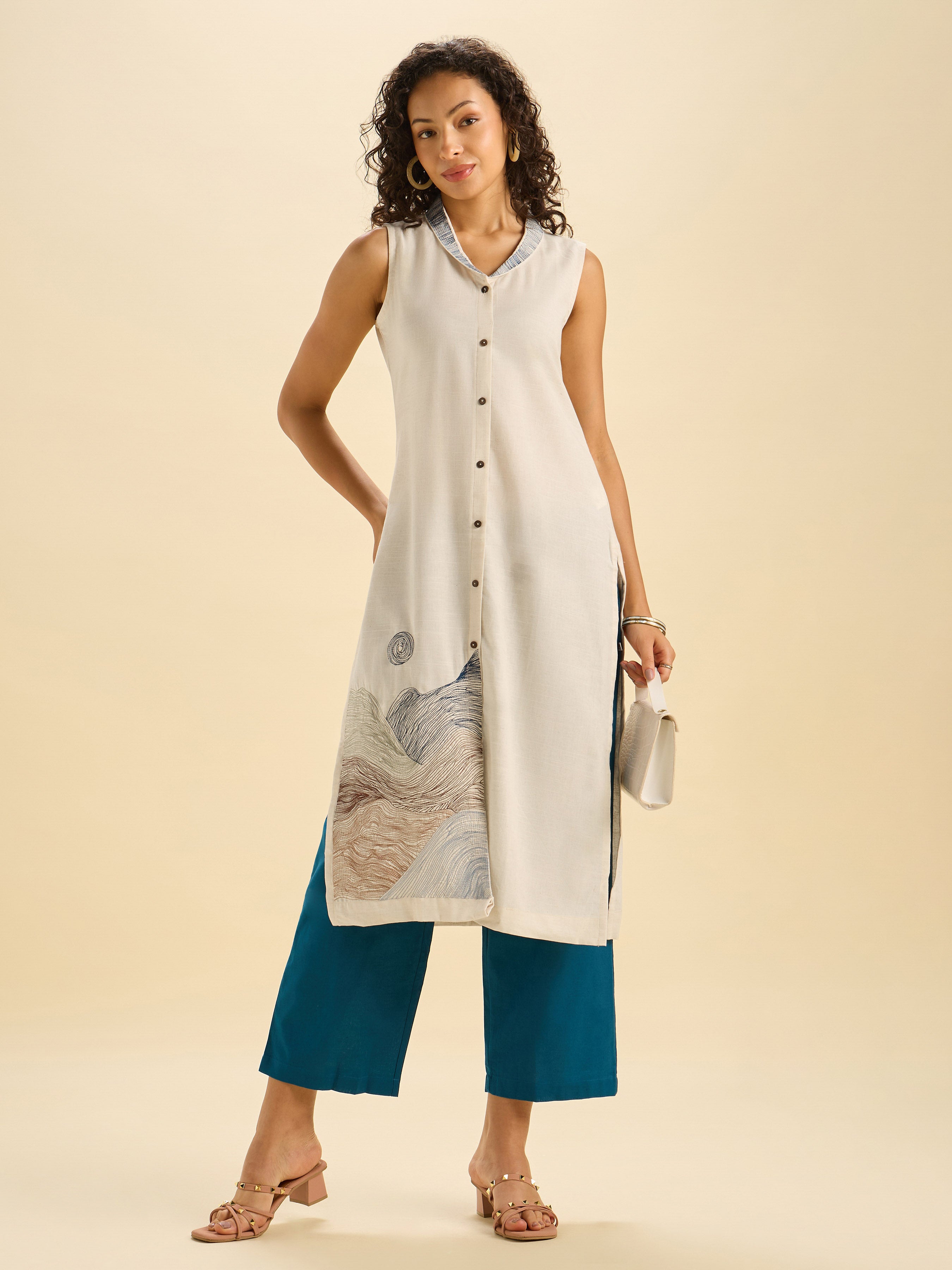 Ivory Cotton Flax Slub Co-Ord Set With Embroidery