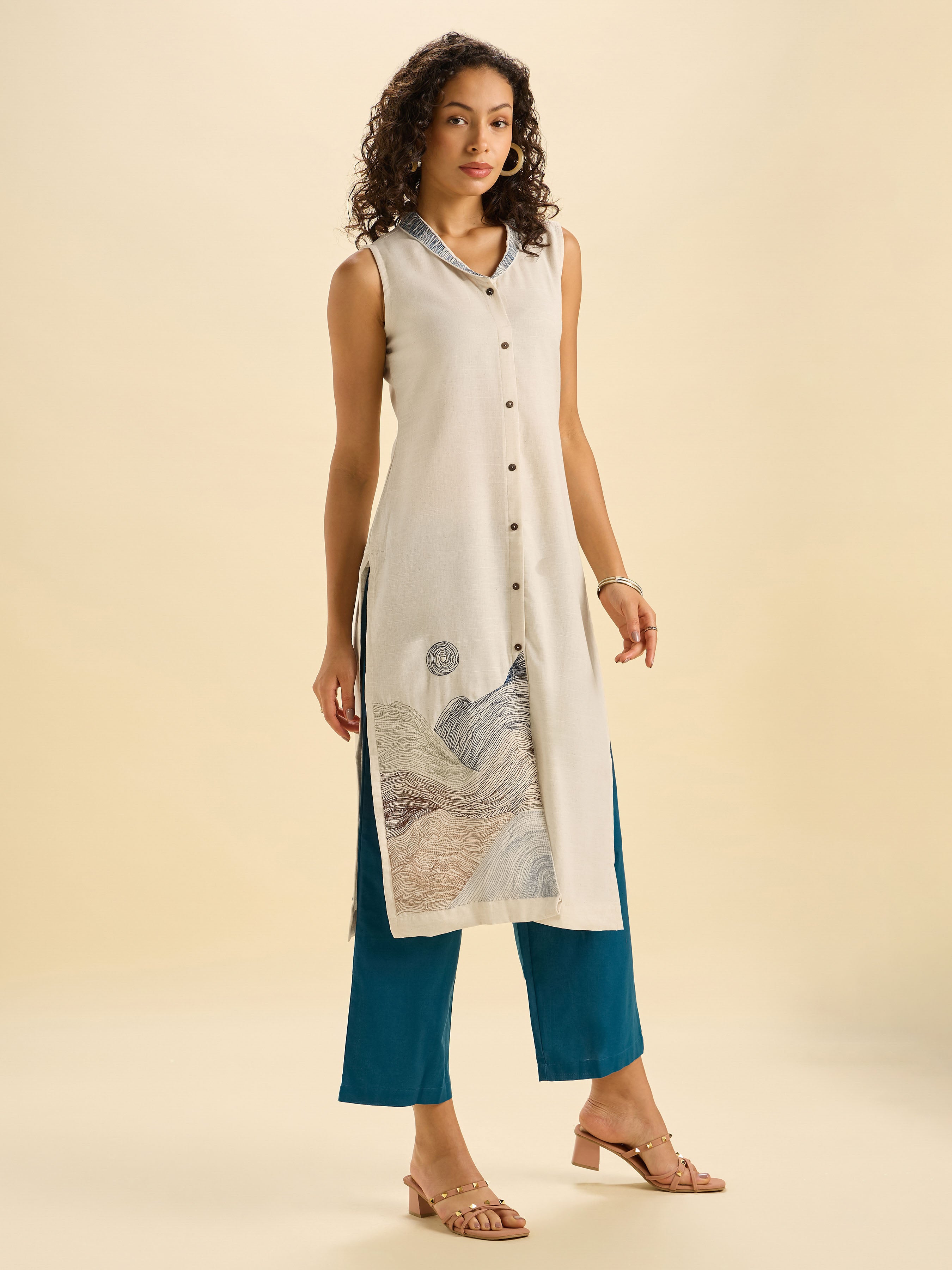 Ivory Cotton Flax Slub Co-Ord Set With Embroidery