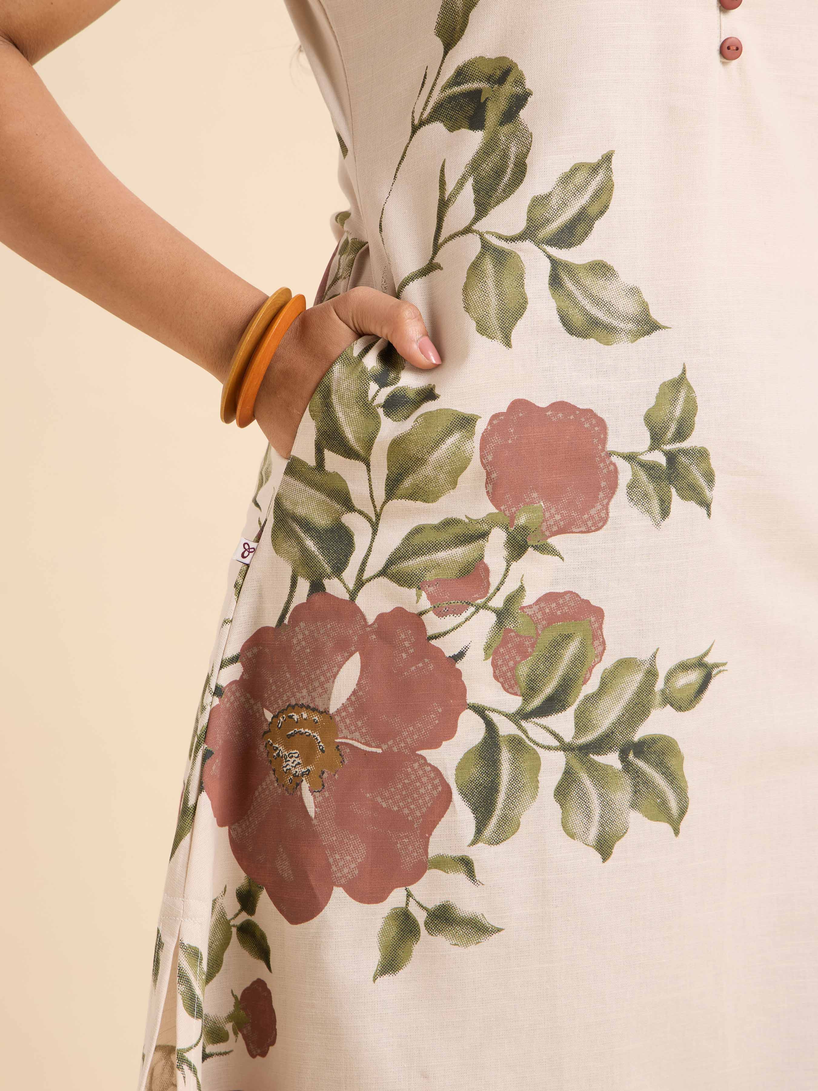Ivory Cotton Flax Slub Plain Flared Kurti Set With Placement Print & Embroidery