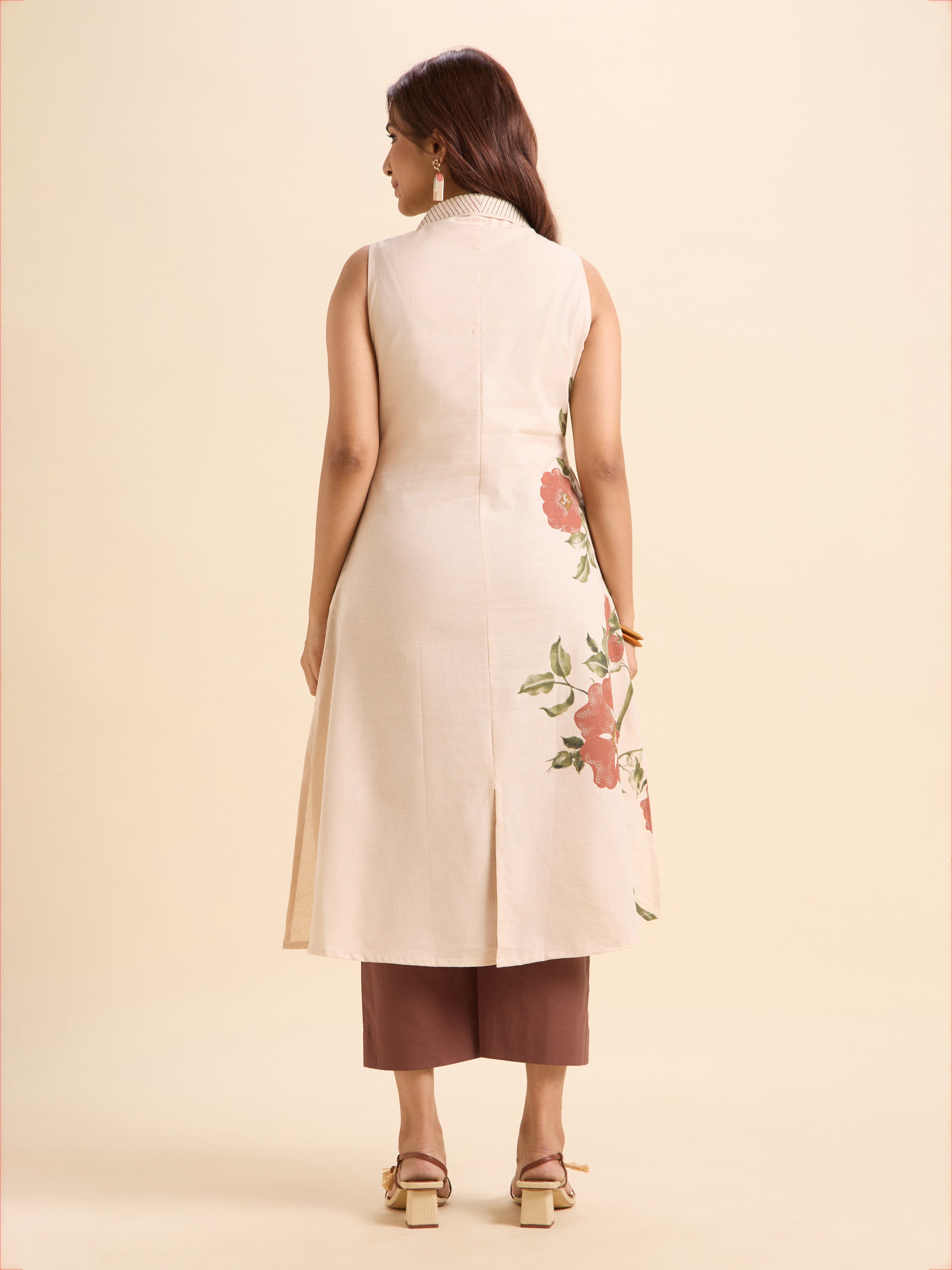Ivory Cotton Flax Slub Plain Flared Kurti Set With Placement Print & Embroidery