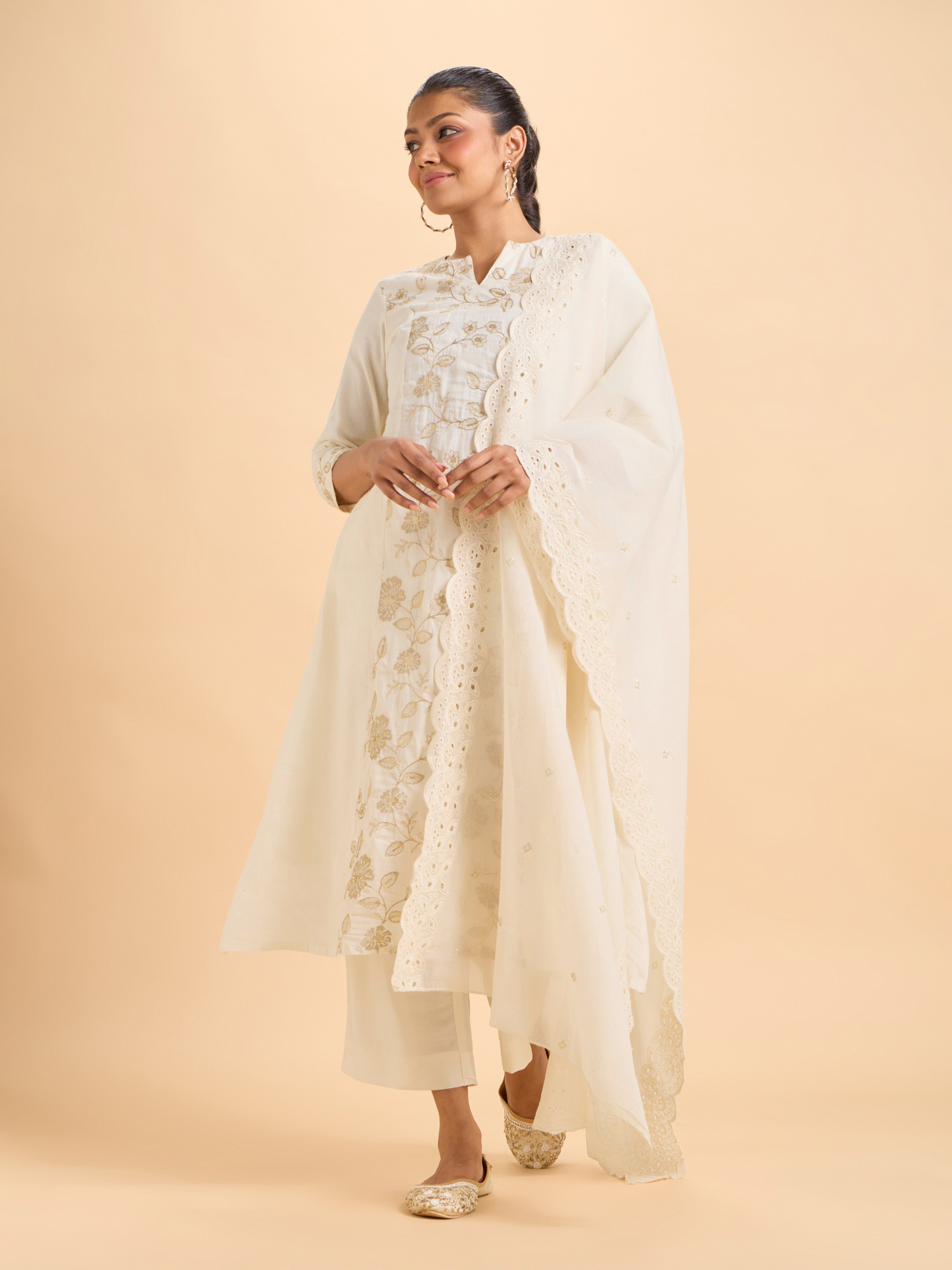 Ivory Gold Pure Cotton Plain Flared Princess Cut Kurti Set With Sequins Embroidery And Dupatta