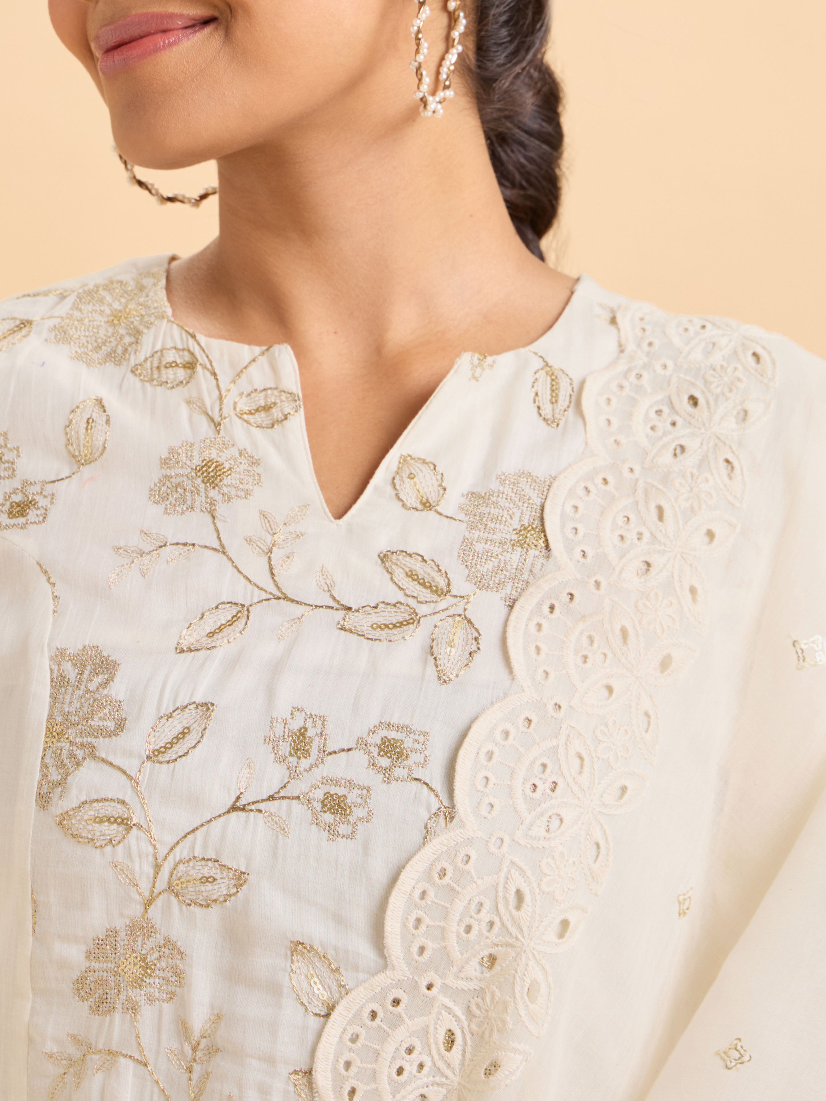 Ivory Gold Pure Cotton Plain Flared Princess Cut Kurti Set With Sequins Embroidery And Dupatta