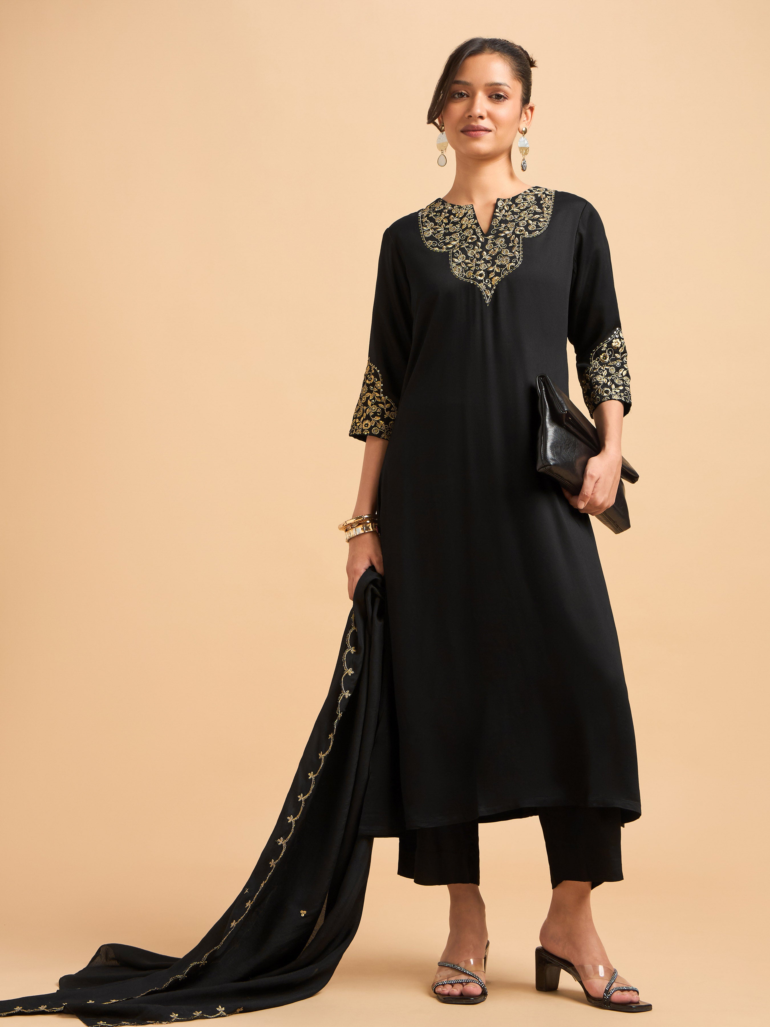 Black Viscose Satin Plain Kurti Set With Sequins Embroidery And Embroidered Dupatta