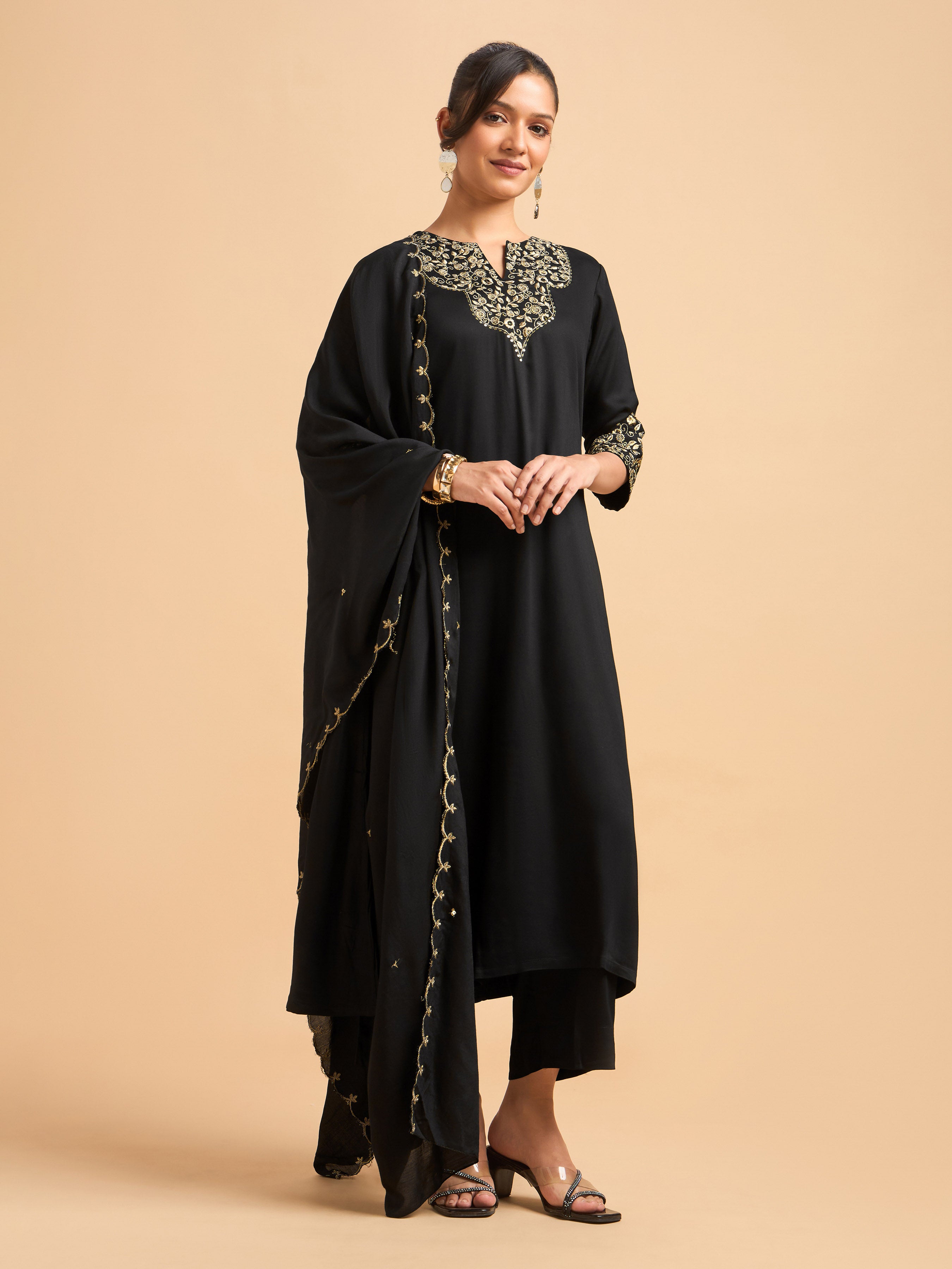 Black Viscose Satin Plain Kurti Set With Sequins Embroidery And Embroidered Dupatta