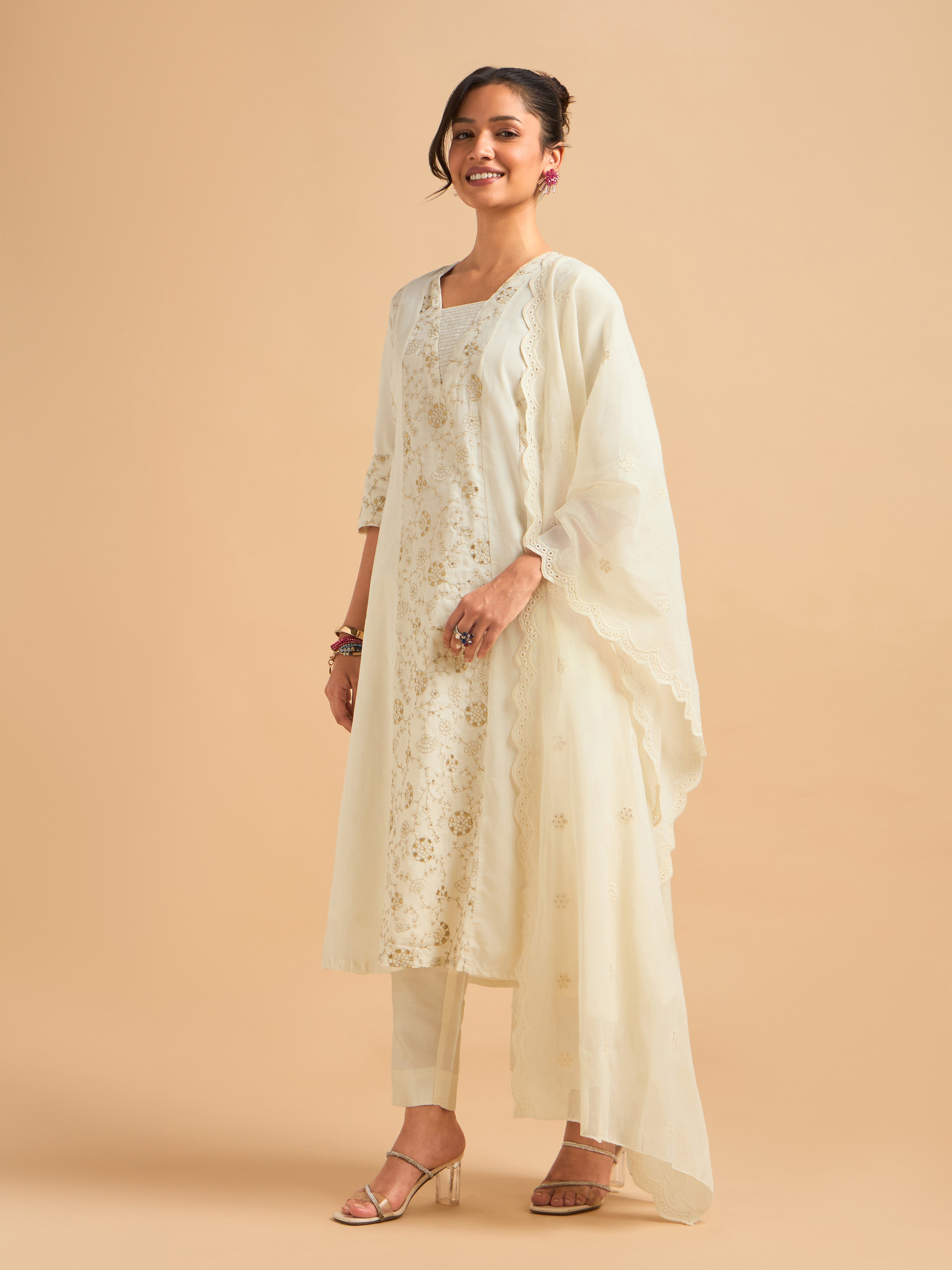 Ivory Gold Pure Cotton Plain Flared Kali Cut Kurti Set With Sequins Embroidery And Dupatta