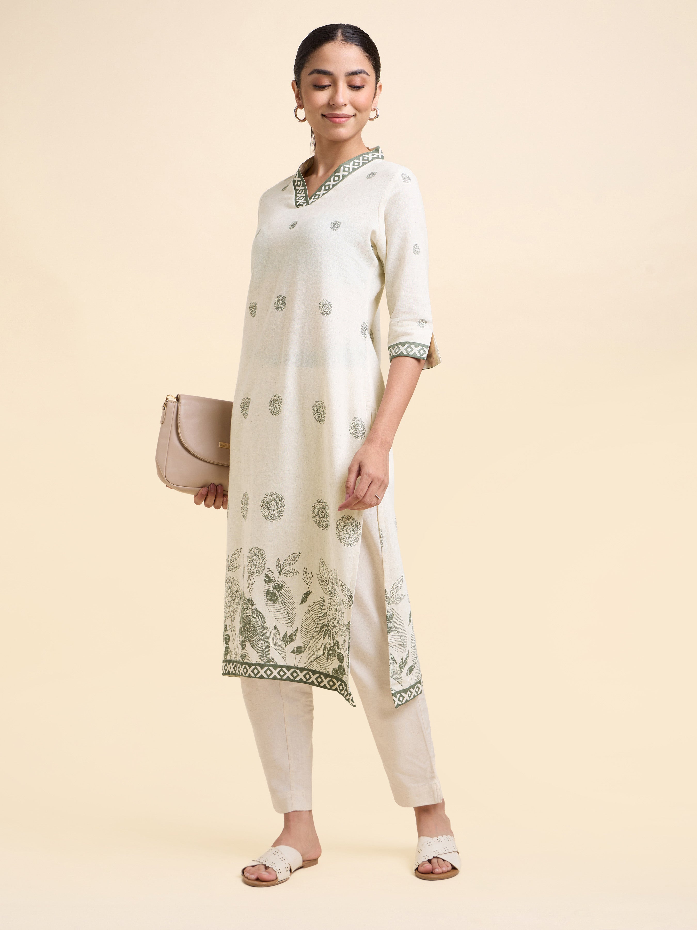 Ivory Grey Coloured Cotton Flax Printed Slitted Kurti