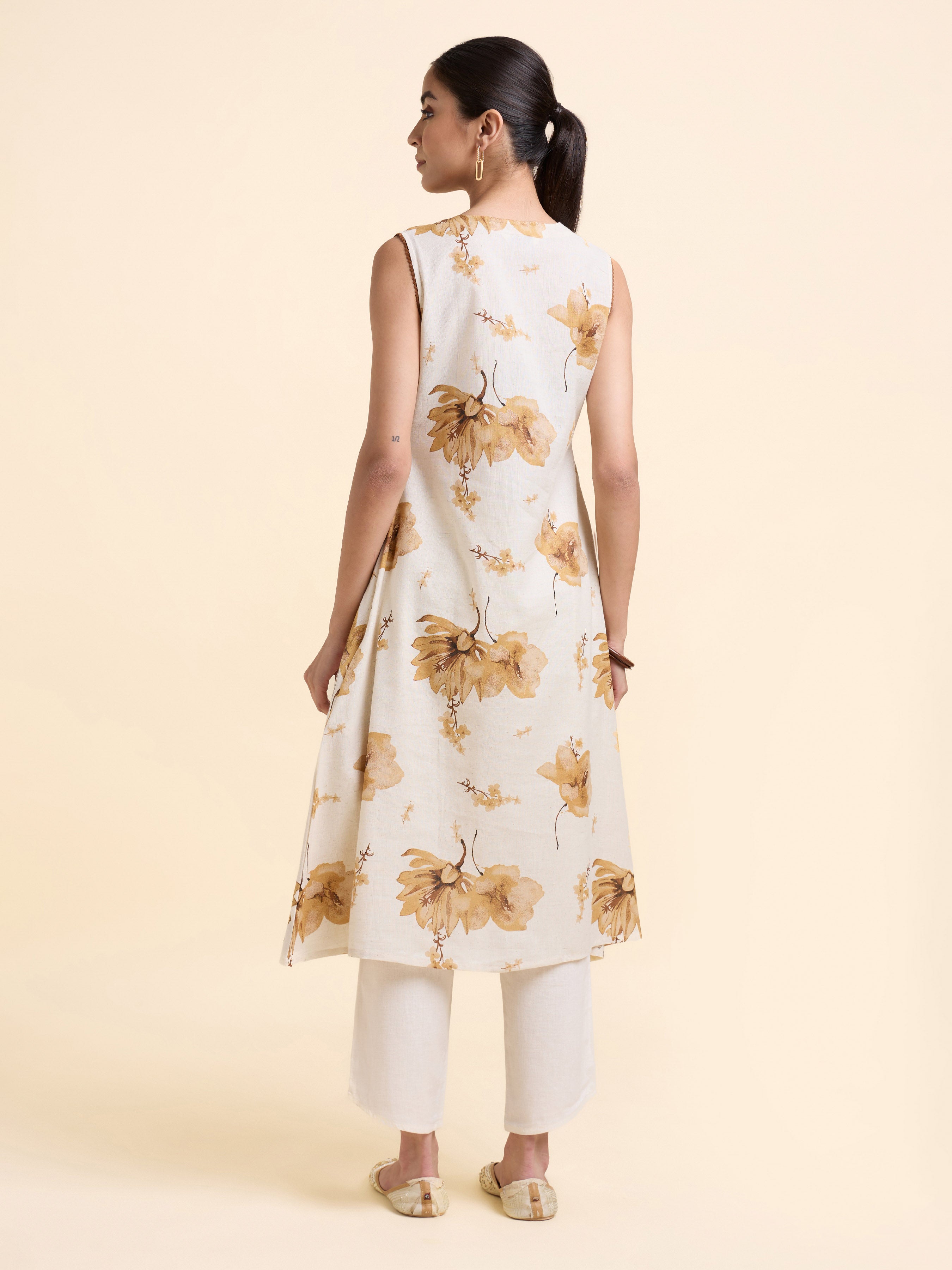 Ivory Multi Colour Cotton Flax Printed Flared Angrakha Cut Kurti With Lace