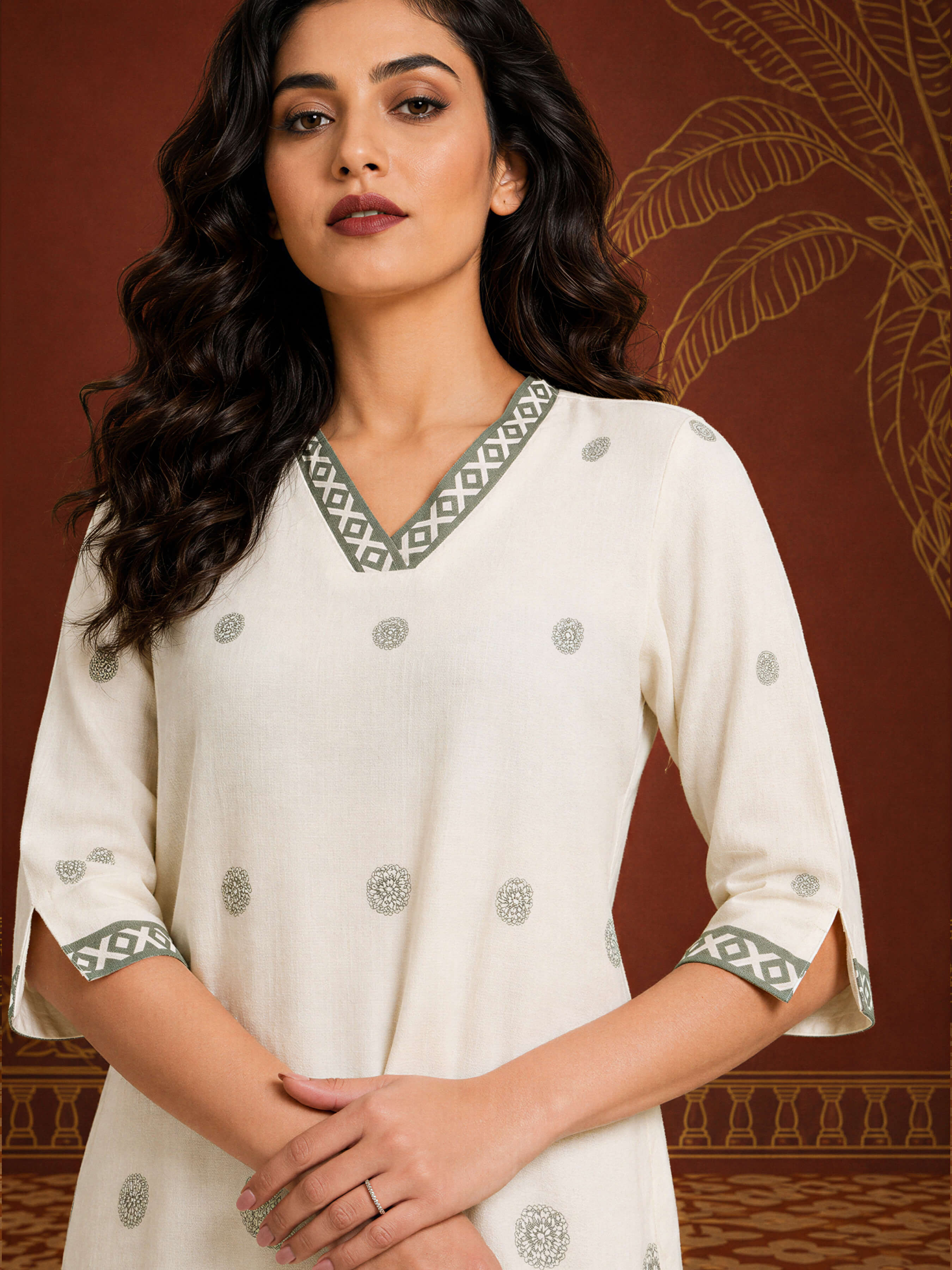 Ivory Grey Coloured Cotton Flax Printed Slitted Kurti