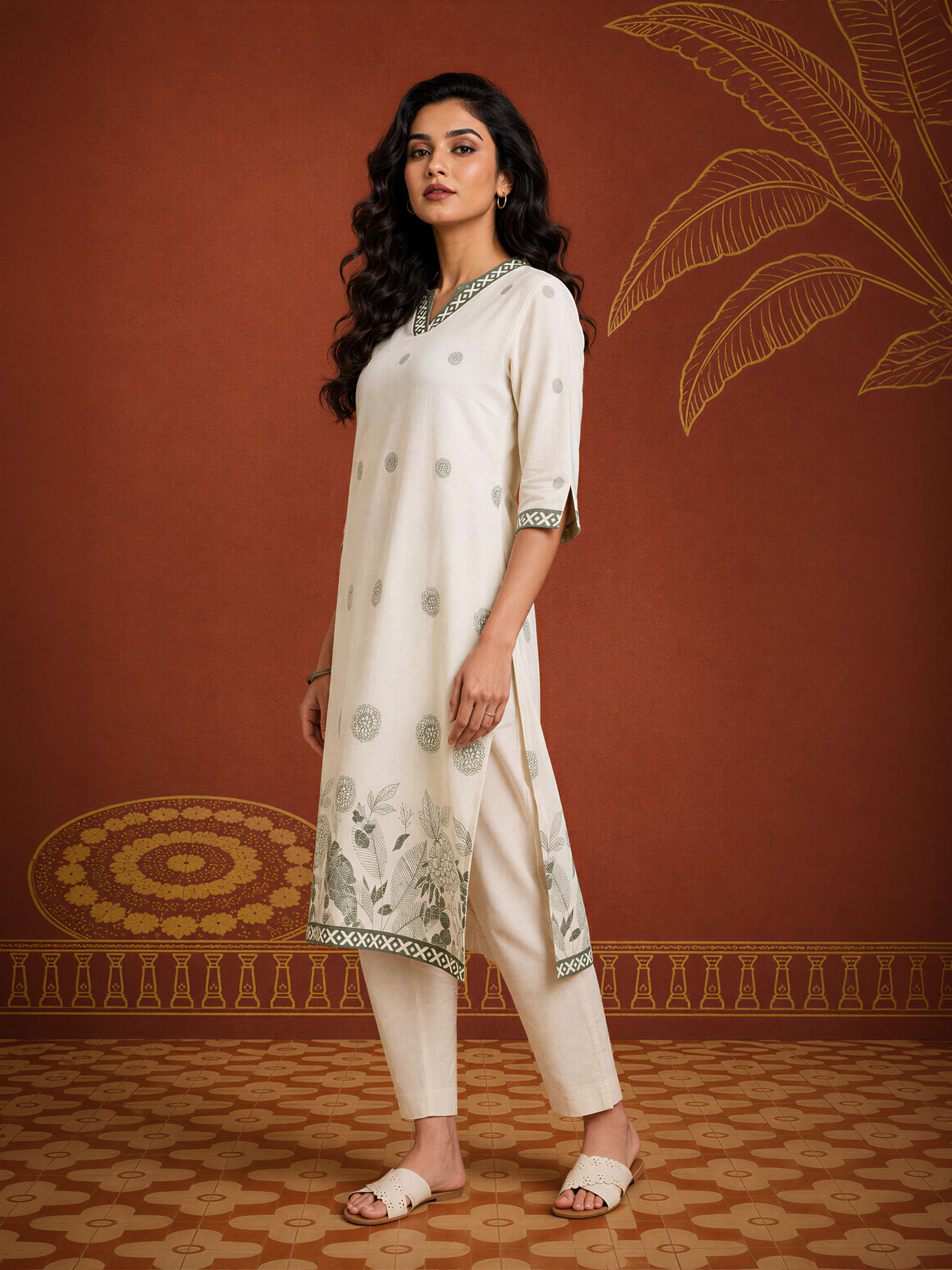 Ivory Grey Coloured Cotton Flax Printed Slitted Kurti
