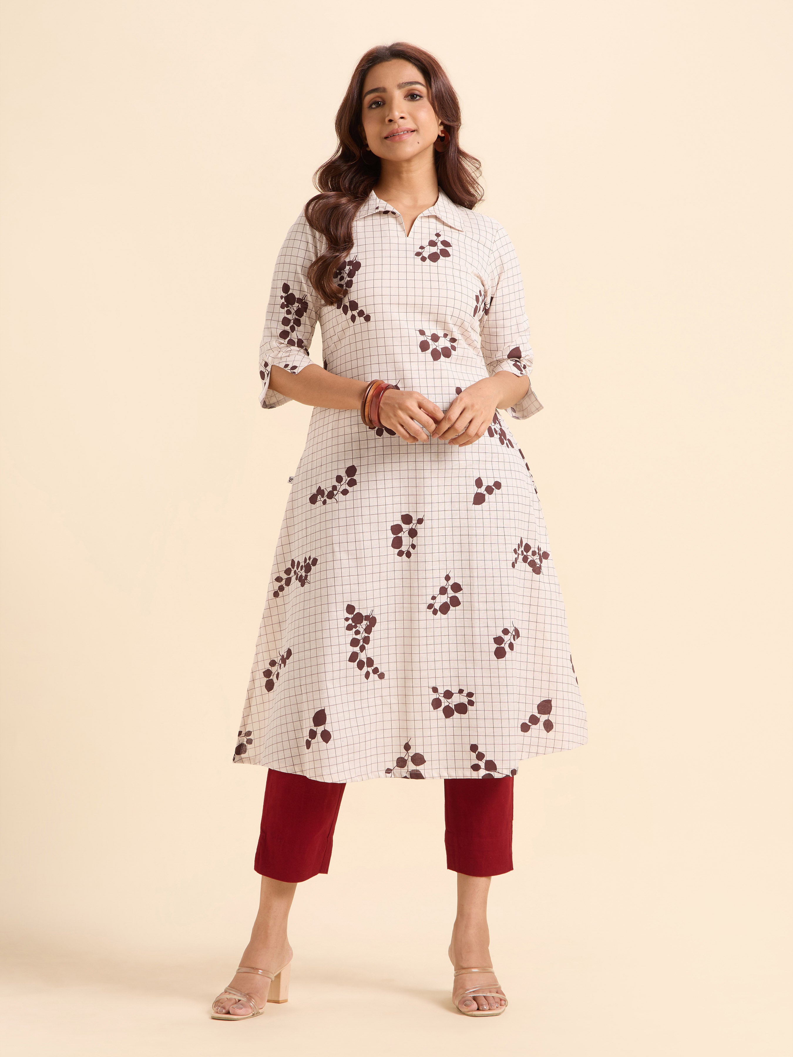 Ivory Meroon Cotton Flax Slub Printed Flared Kurti With Curved Hem