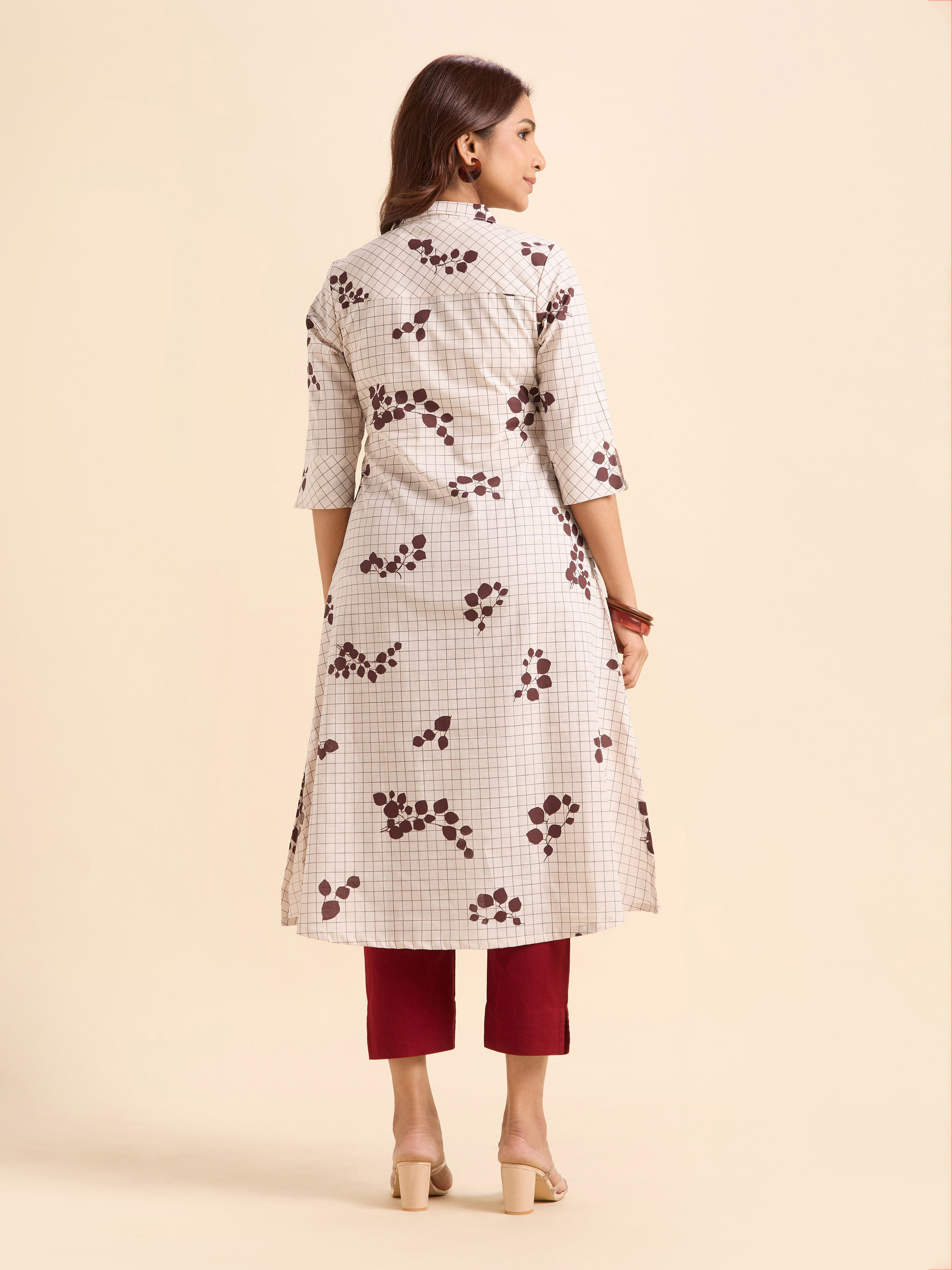 Ivory Meroon Cotton Flax Slub Printed Flared Kurti With Curved Hem