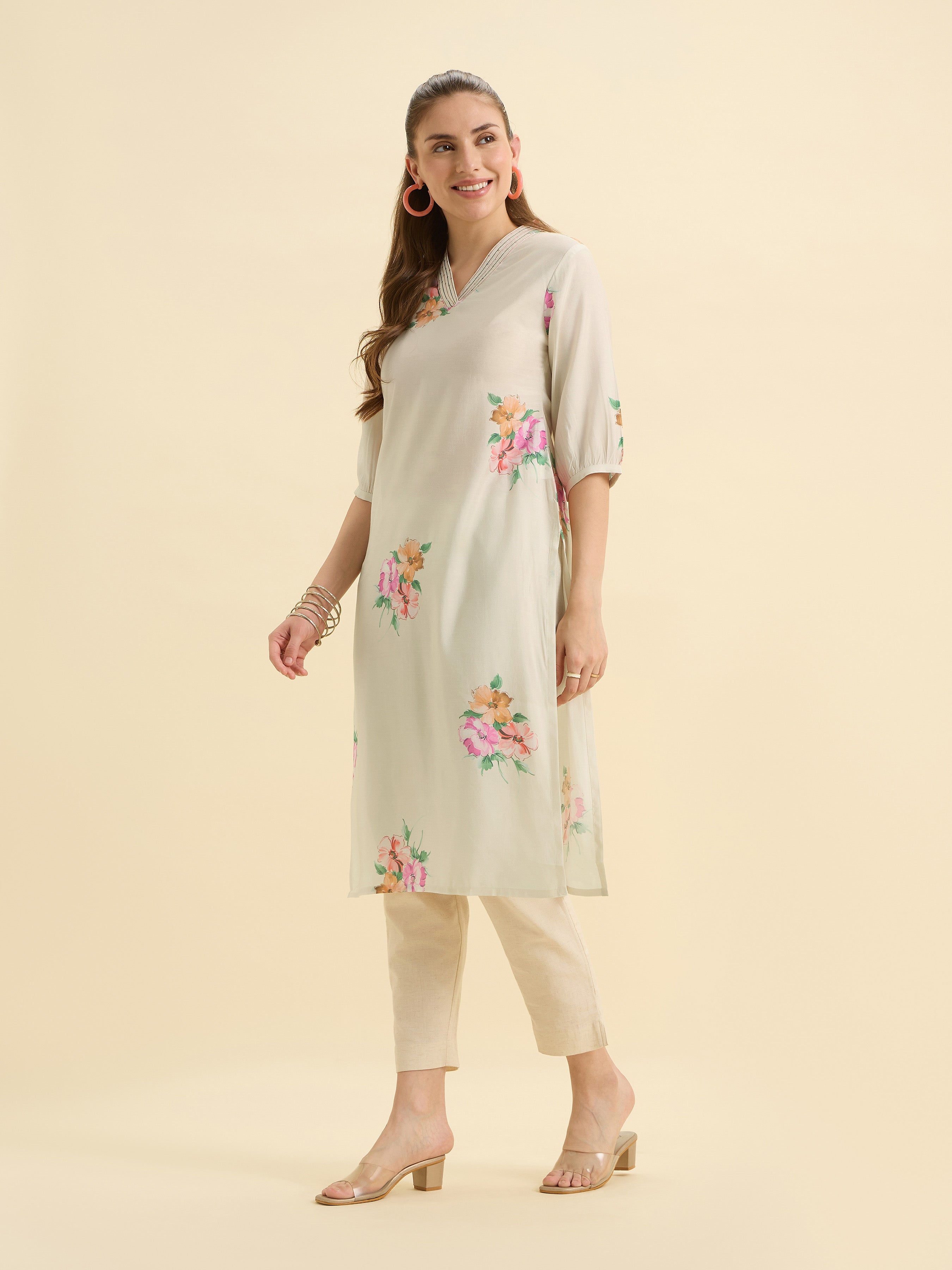 White Multicolour Modal Chanderi Printed Slited Kurti With Embroidery And Sequins Work