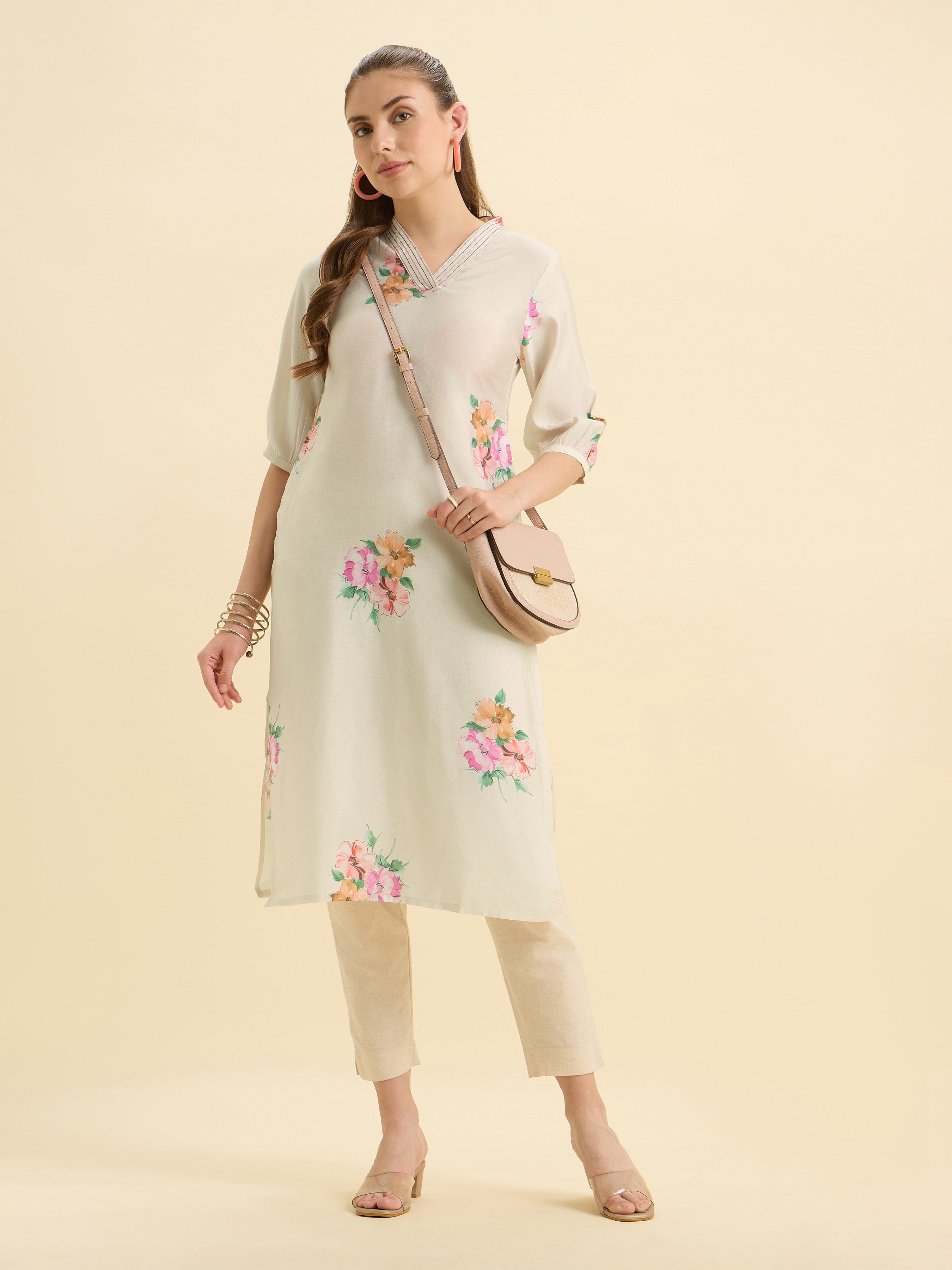 White Multicolour Modal Chanderi Printed Slited Kurti With Embroidery And Sequins Work