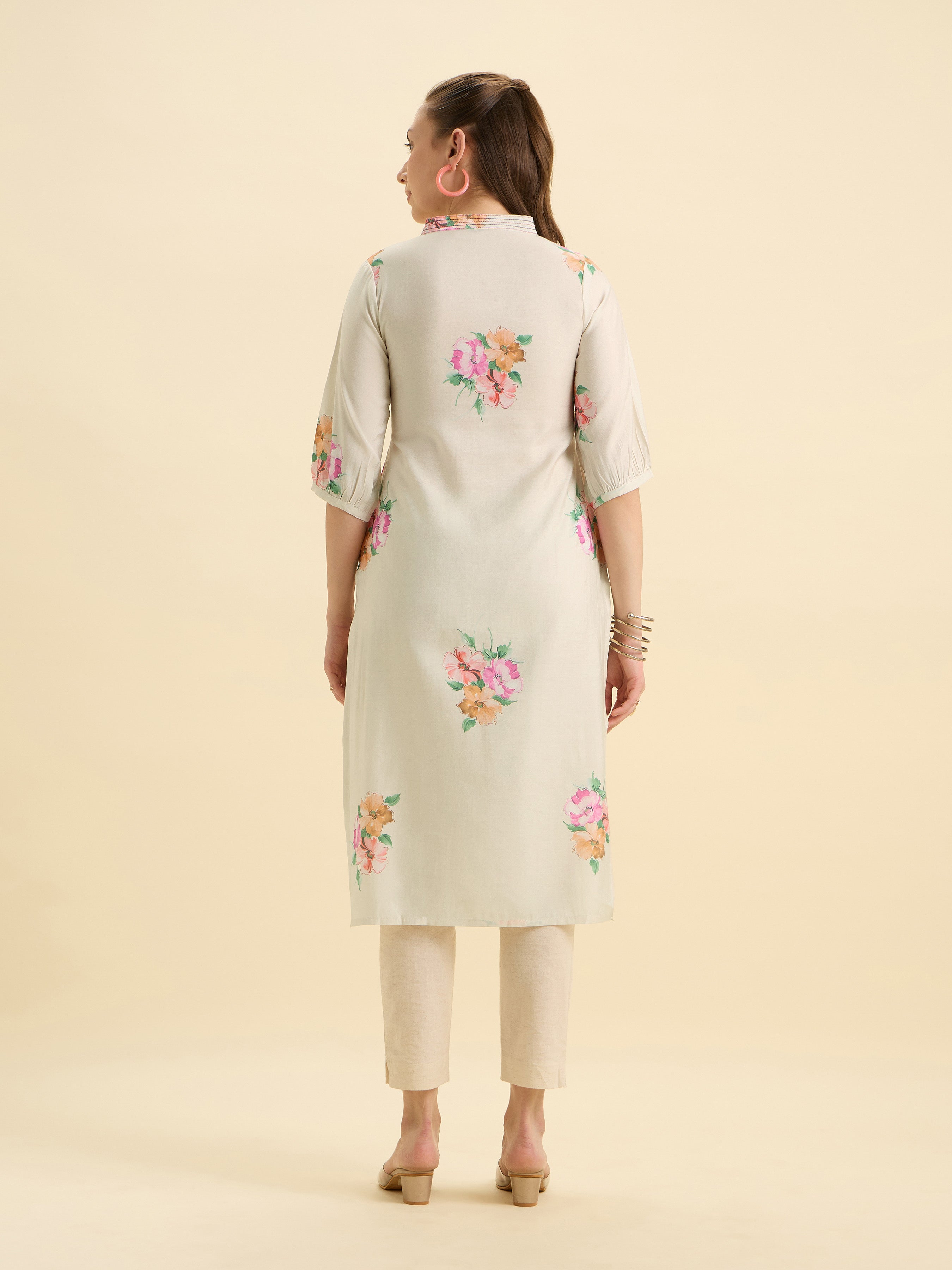 White Multicolour Modal Chanderi Printed Slited Kurti With Embroidery And Sequins Work