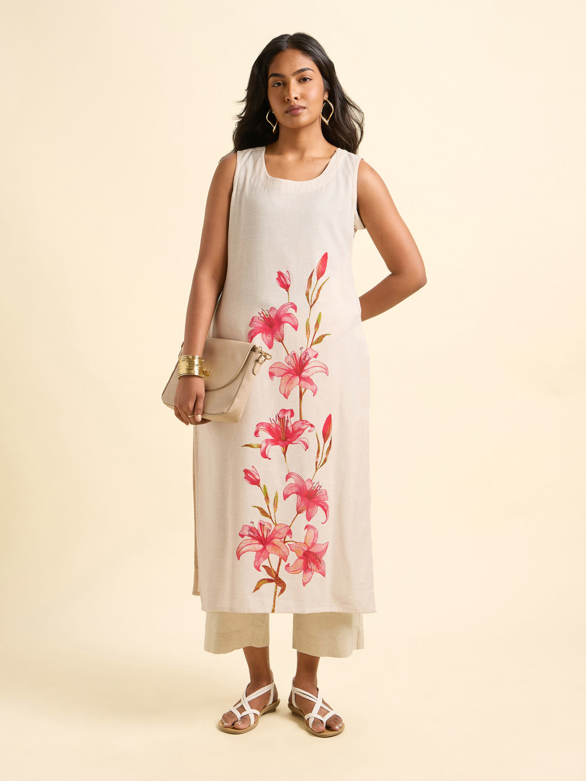 Ivory Multi Colour Cotton Flax Slub Plain Kurti With Placement Print