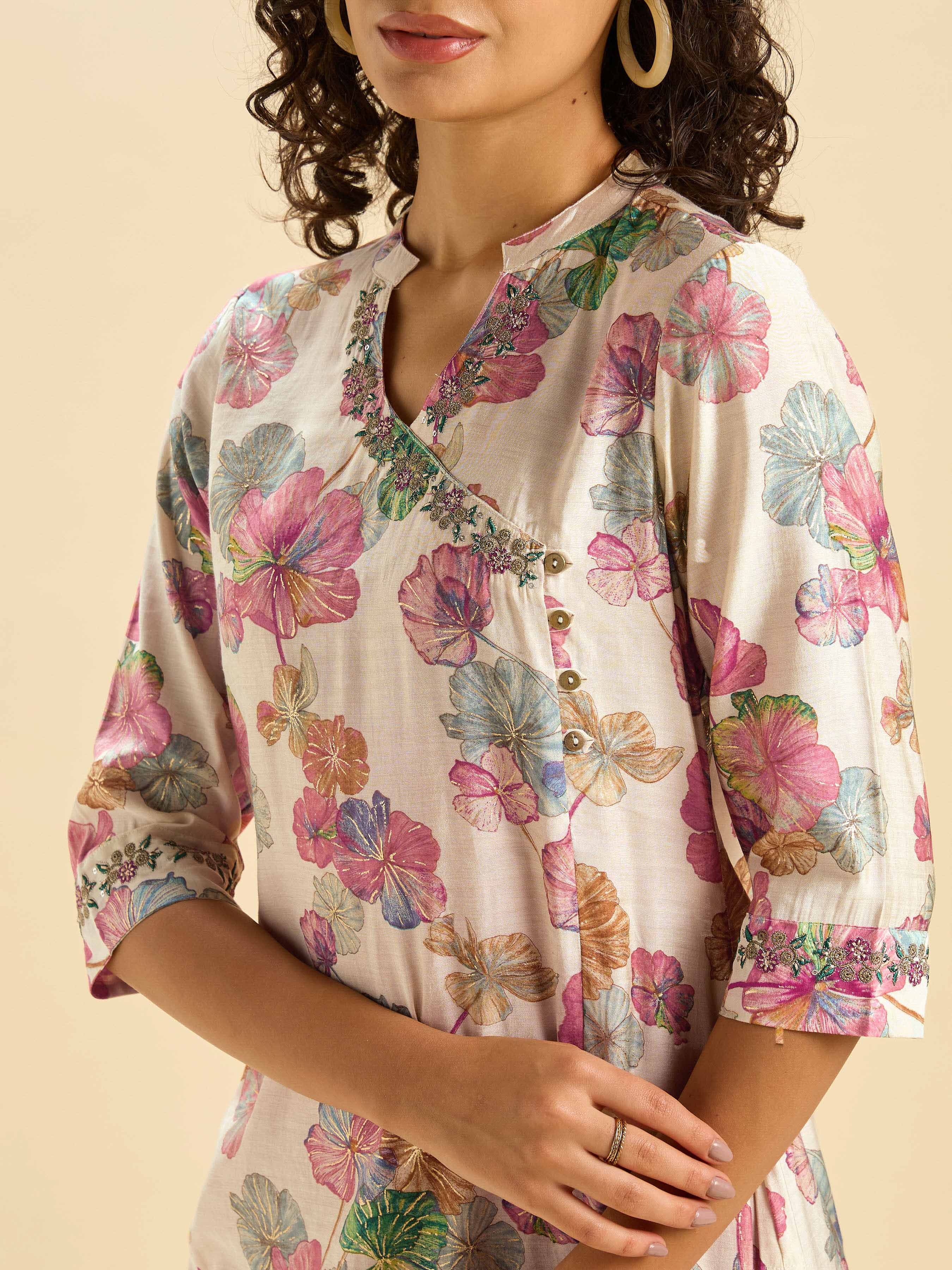 Ivory Multi Colour Modal Chanderi Printed Slit Kurti Set With Sequins Work