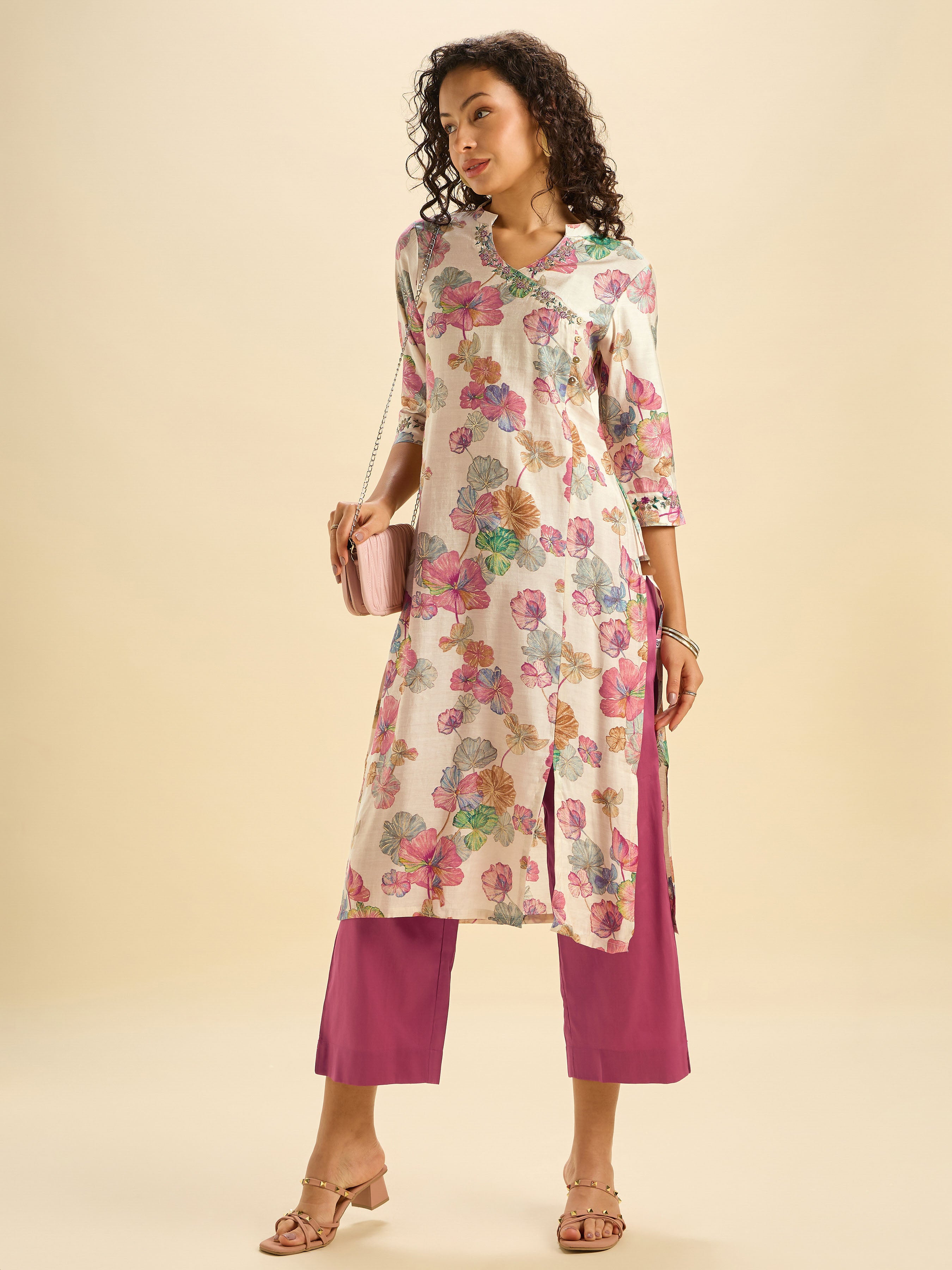 Ivory Multi Colour Modal Chanderi Printed Slit Kurti Set With Sequins Work