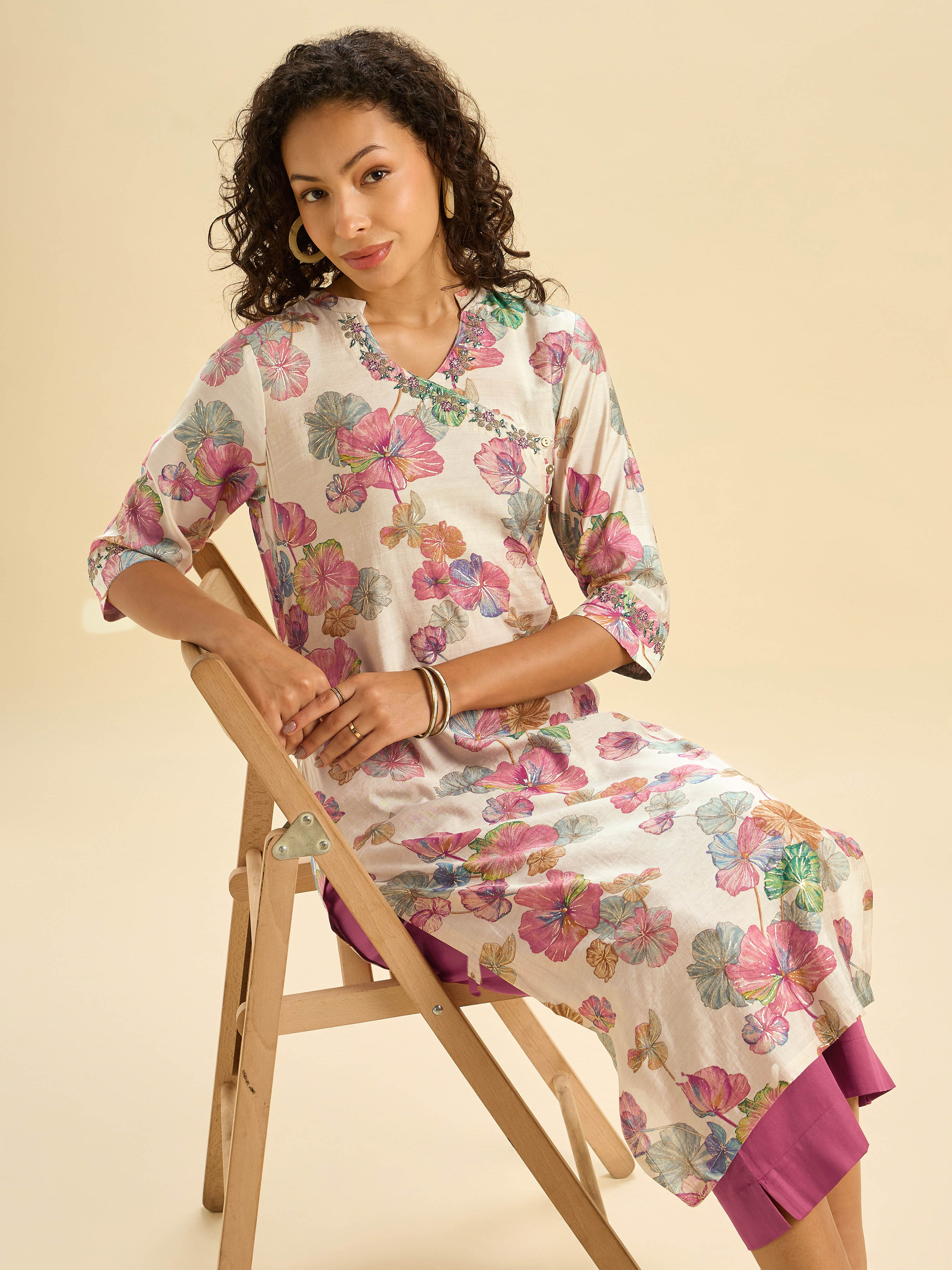 Ivory Multi Colour Modal Chanderi Printed Slit Kurti Set With Sequins Work