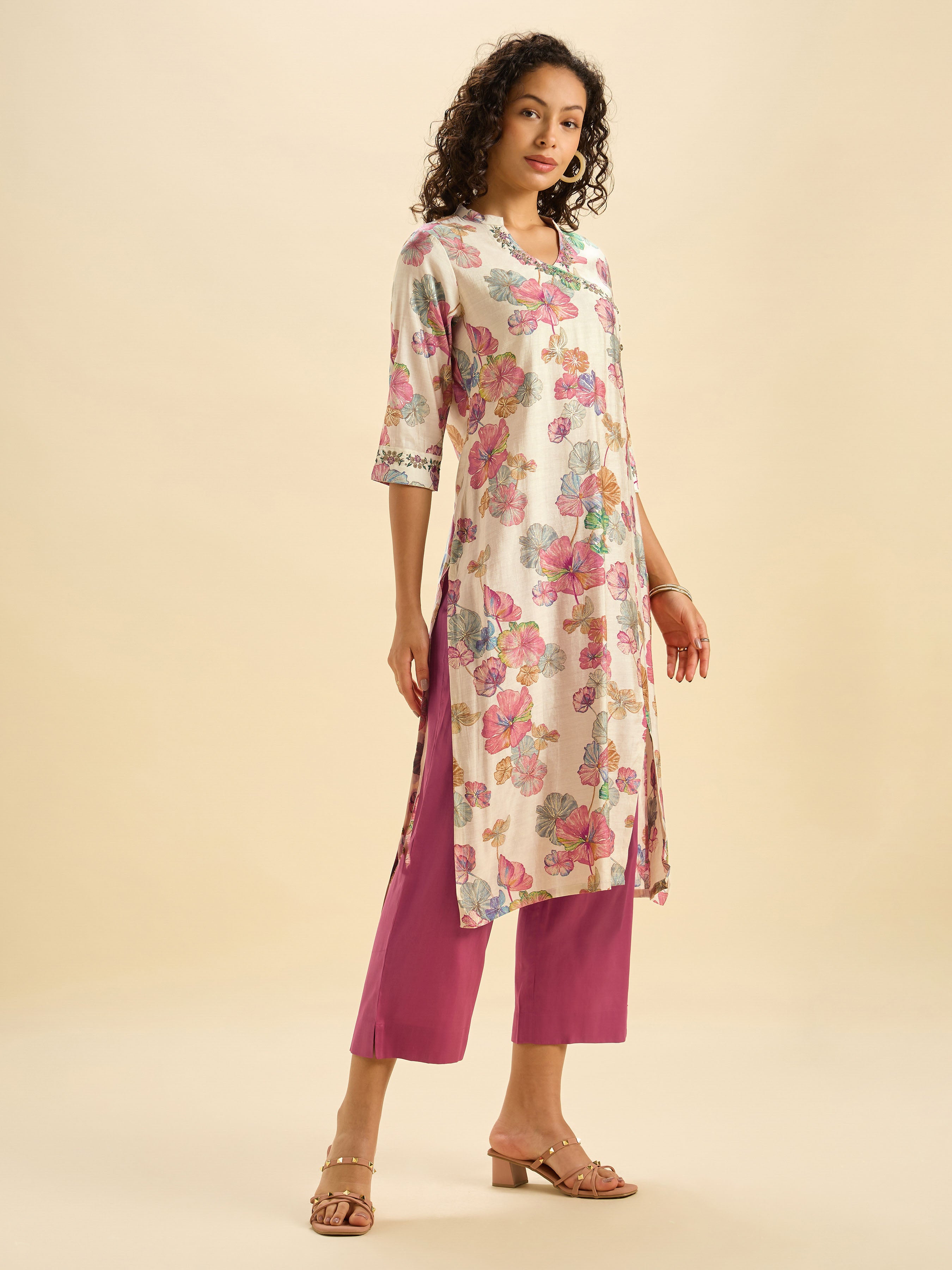 Ivory Multi Colour Modal Chanderi Printed Slit Kurti Set With Sequins Work