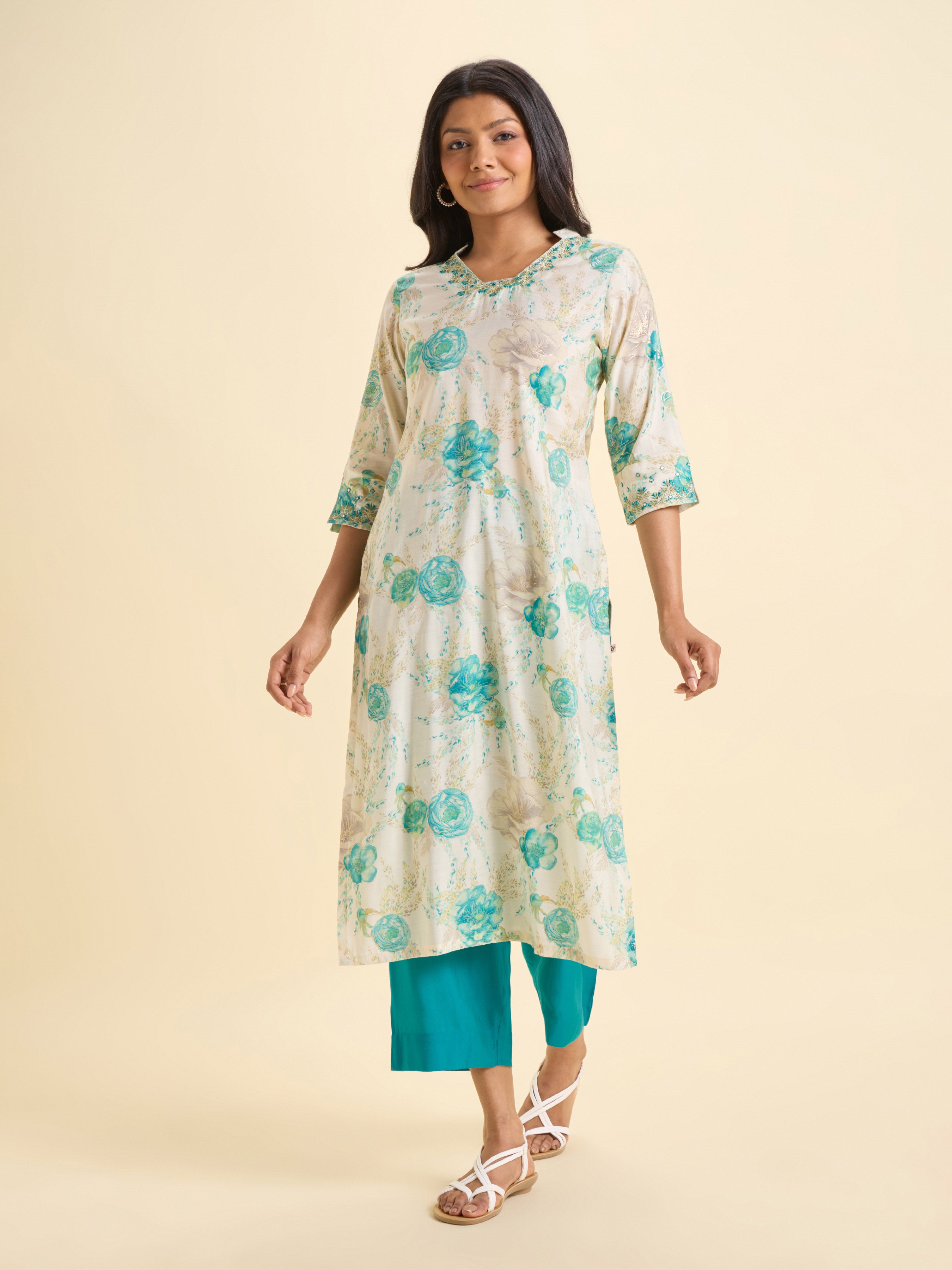 Ivory Multi Colour Viscose Blend Slitted Kurti Set With Embroidery Mirror Work