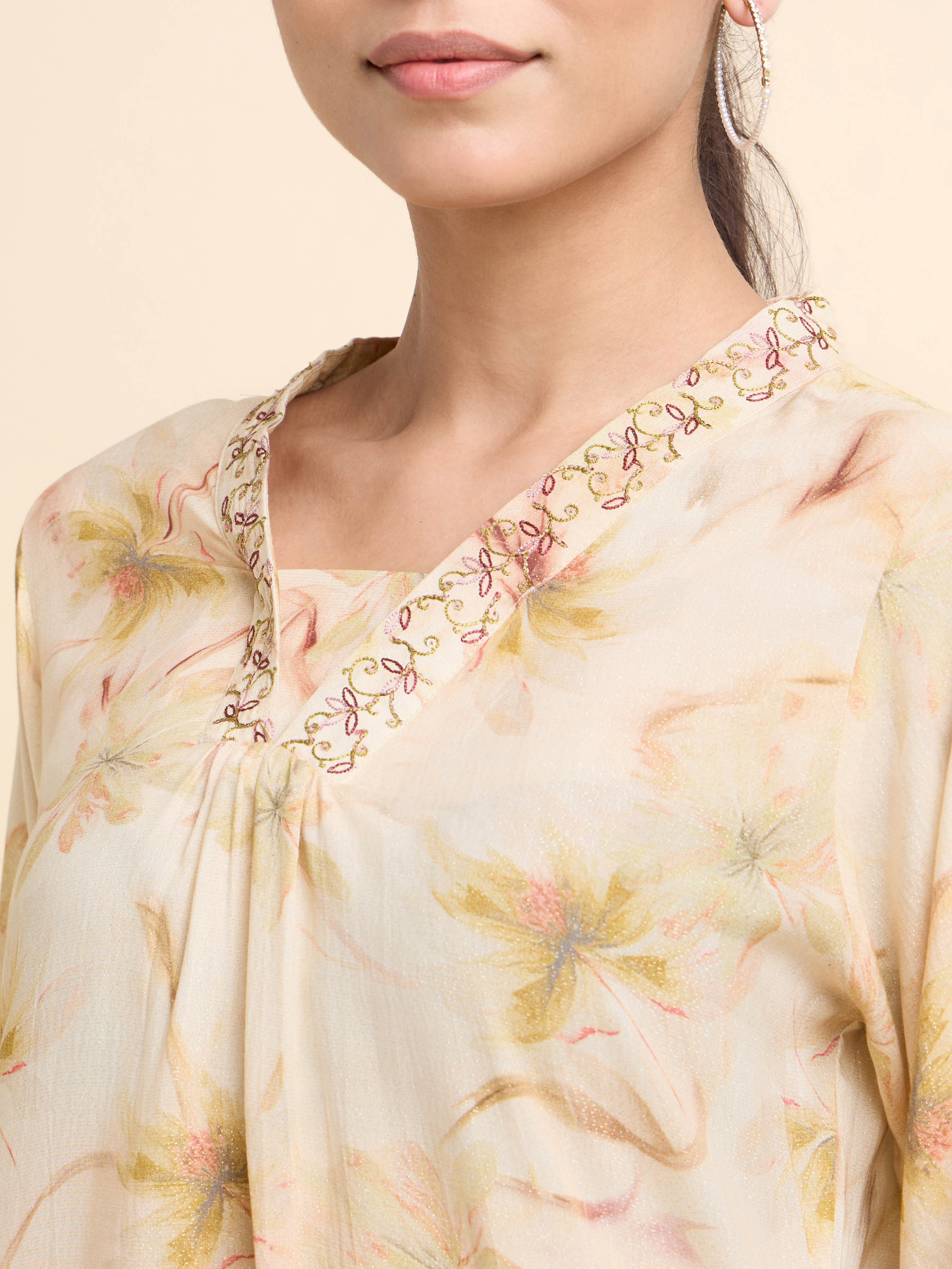 Ivory Multi Colour Viscose Shimmer Printed Flared Kurti With Seqiuns Embroidery