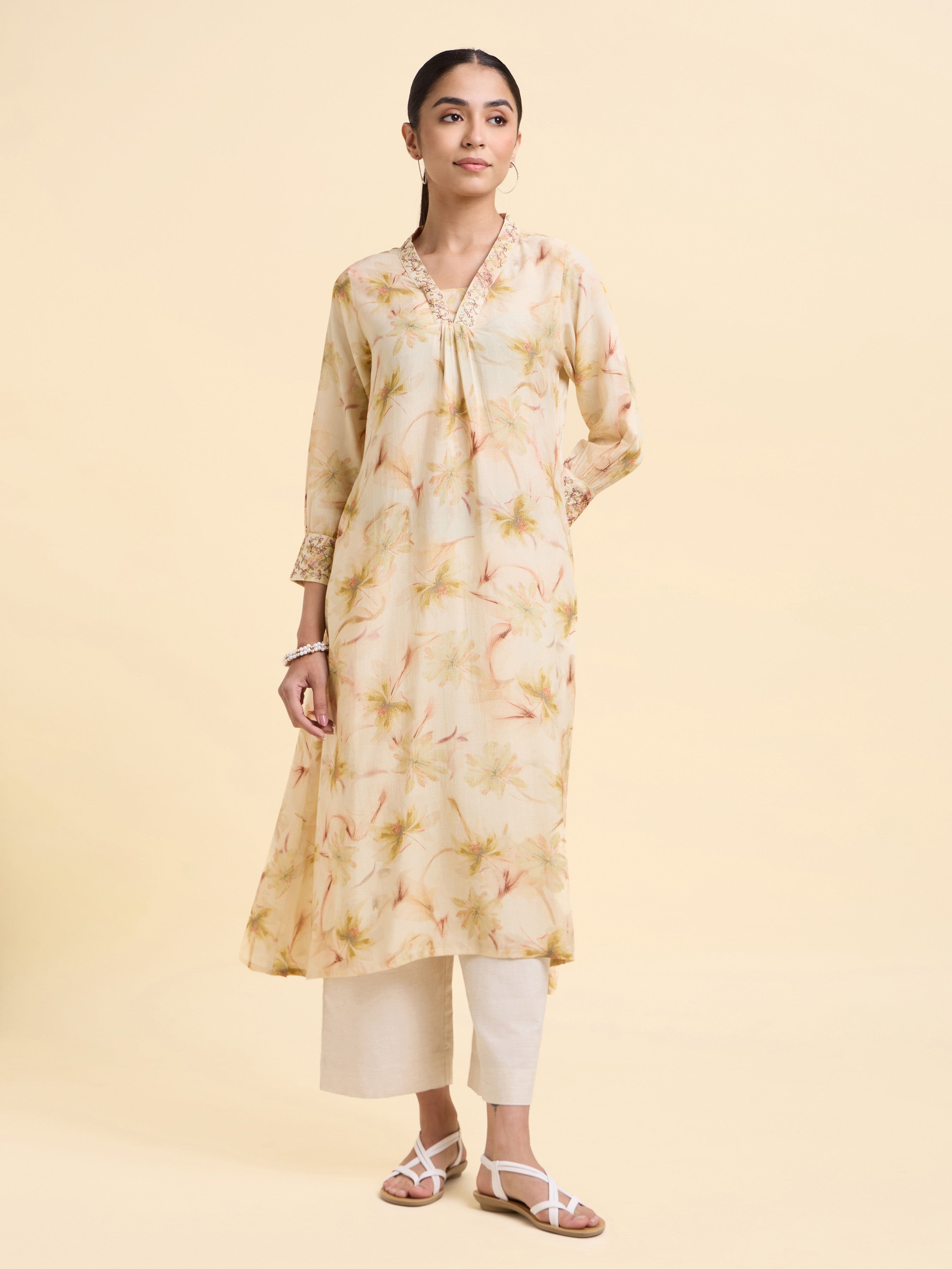 Ivory Multi Colour Viscose Shimmer Printed Flared Kurti With Seqiuns Embroidery