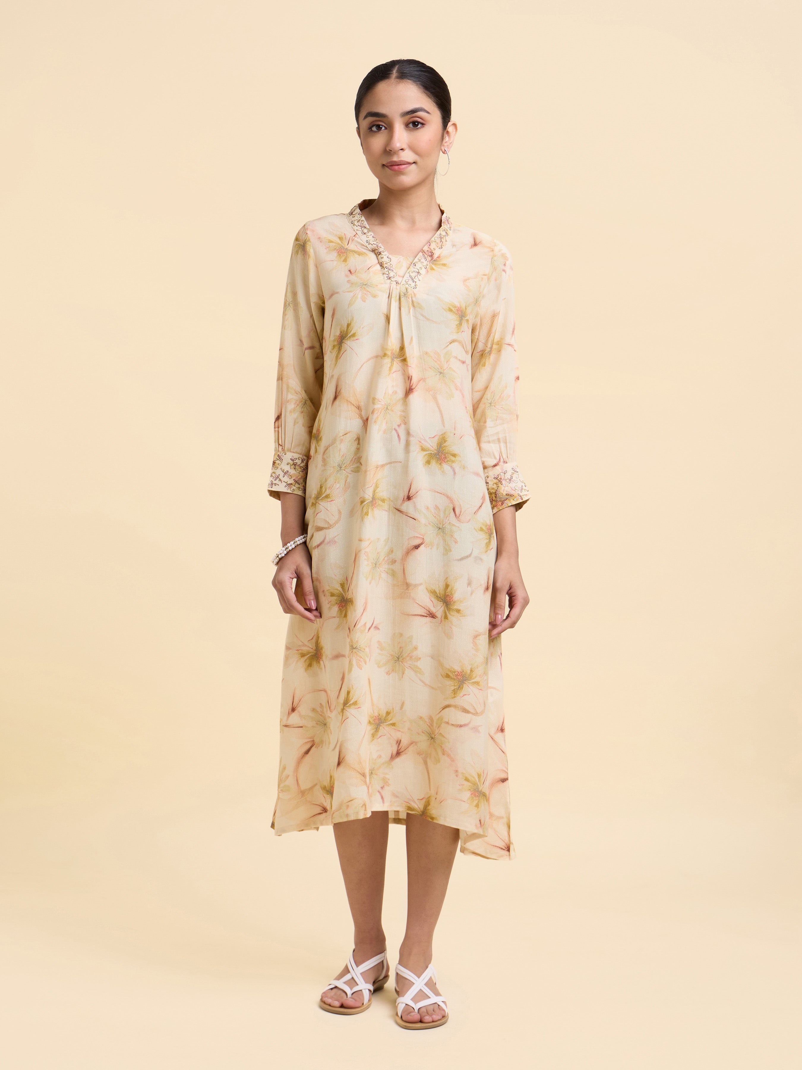 Ivory Multi Colour Viscose Shimmer Printed Flared Kurti With Seqiuns Embroidery
