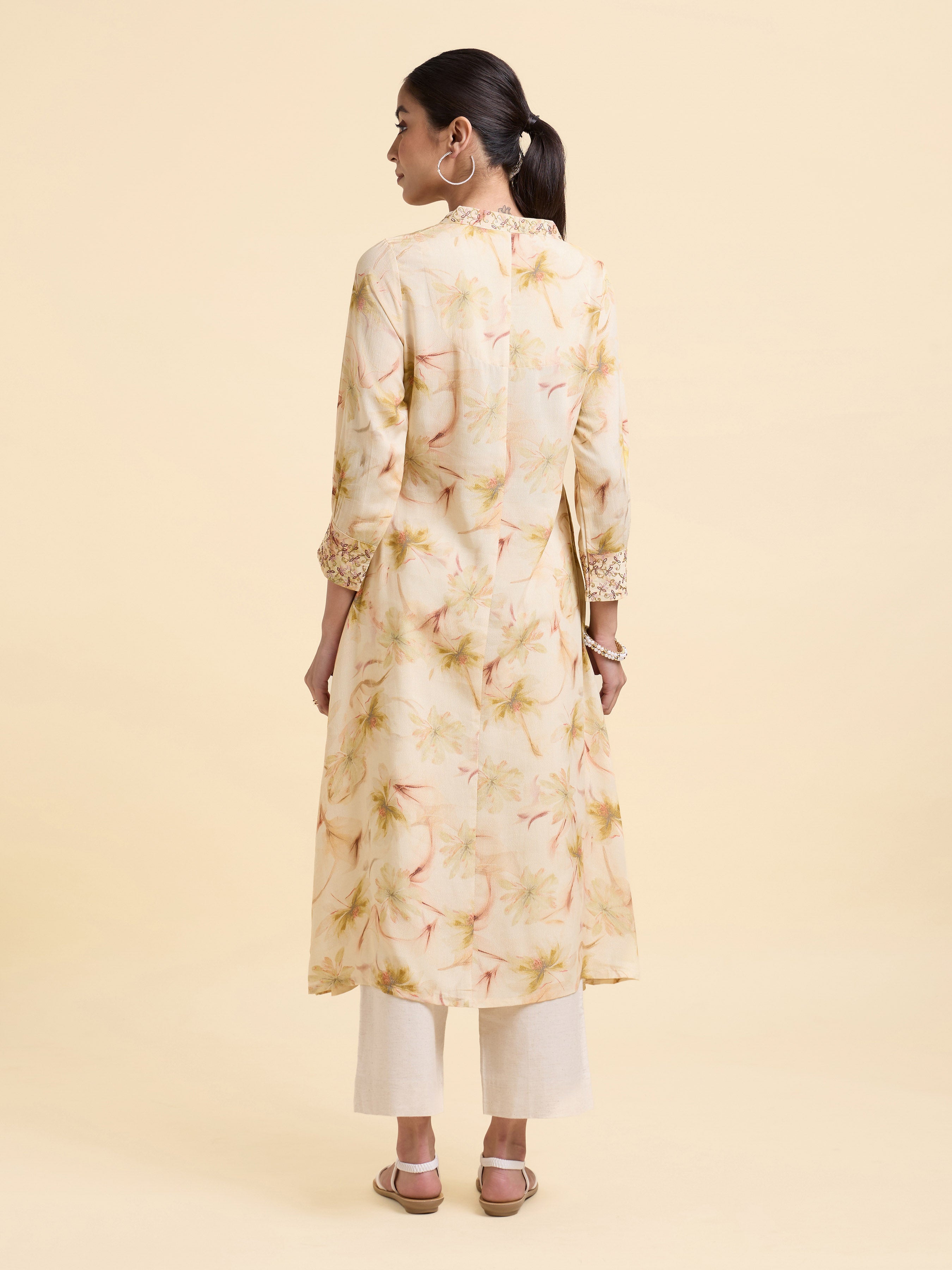Ivory Multi Colour Viscose Shimmer Printed Flared Kurti With Seqiuns Embroidery